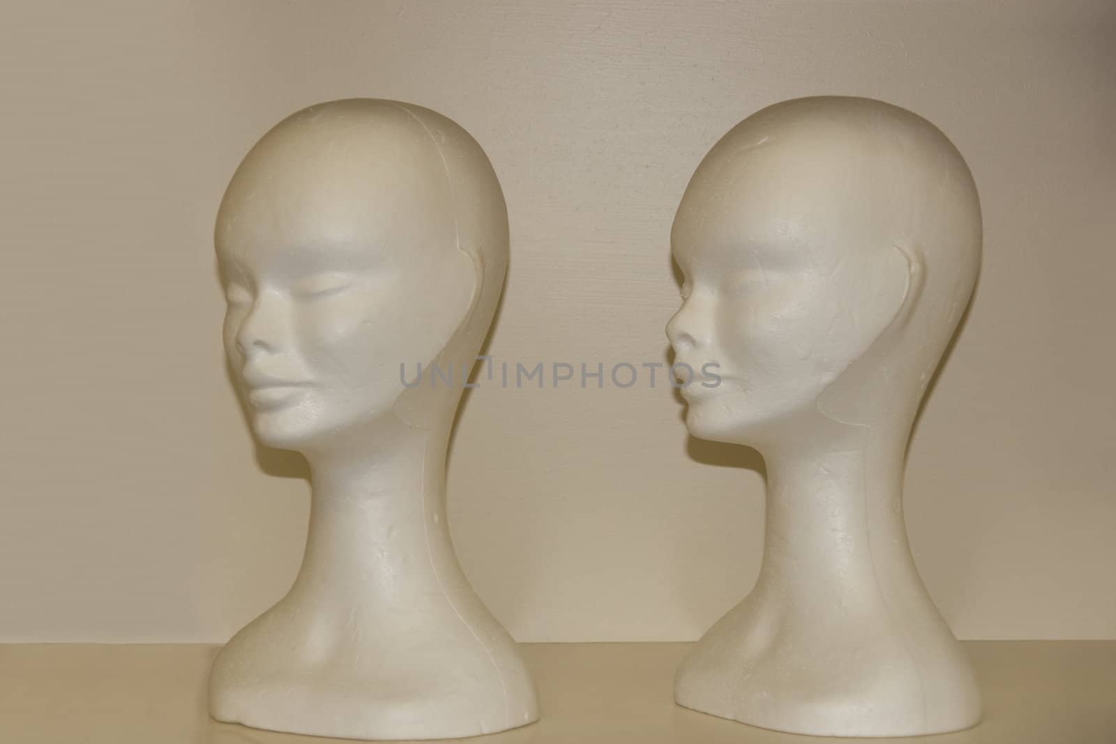 two female pollystyrene female modeling heads on a shelf