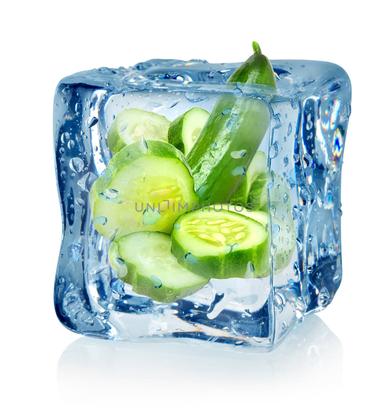 Ice cube and cucumber isolated on a white background
