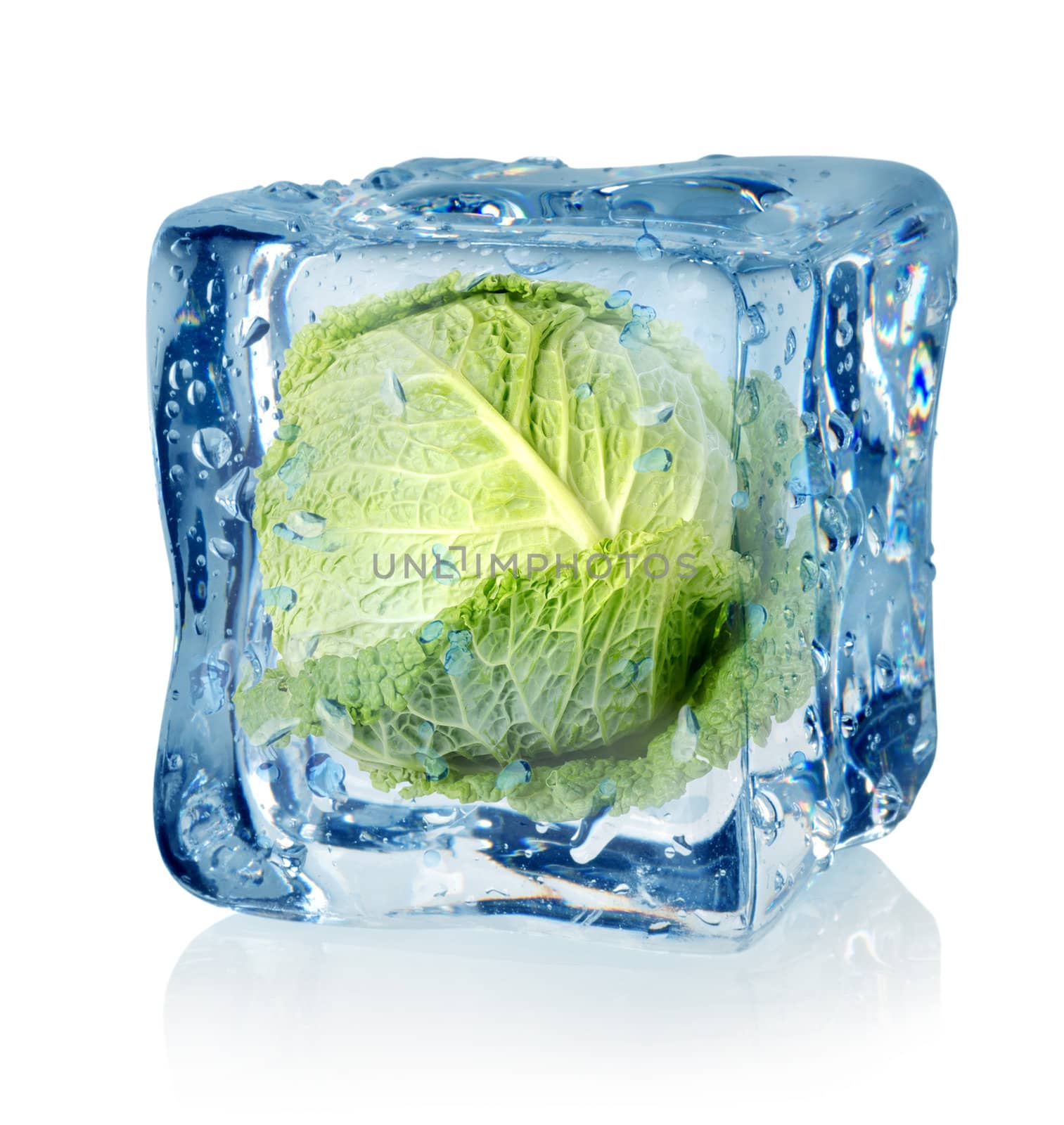 Ice cube and savoy cabbage isolated on a white background