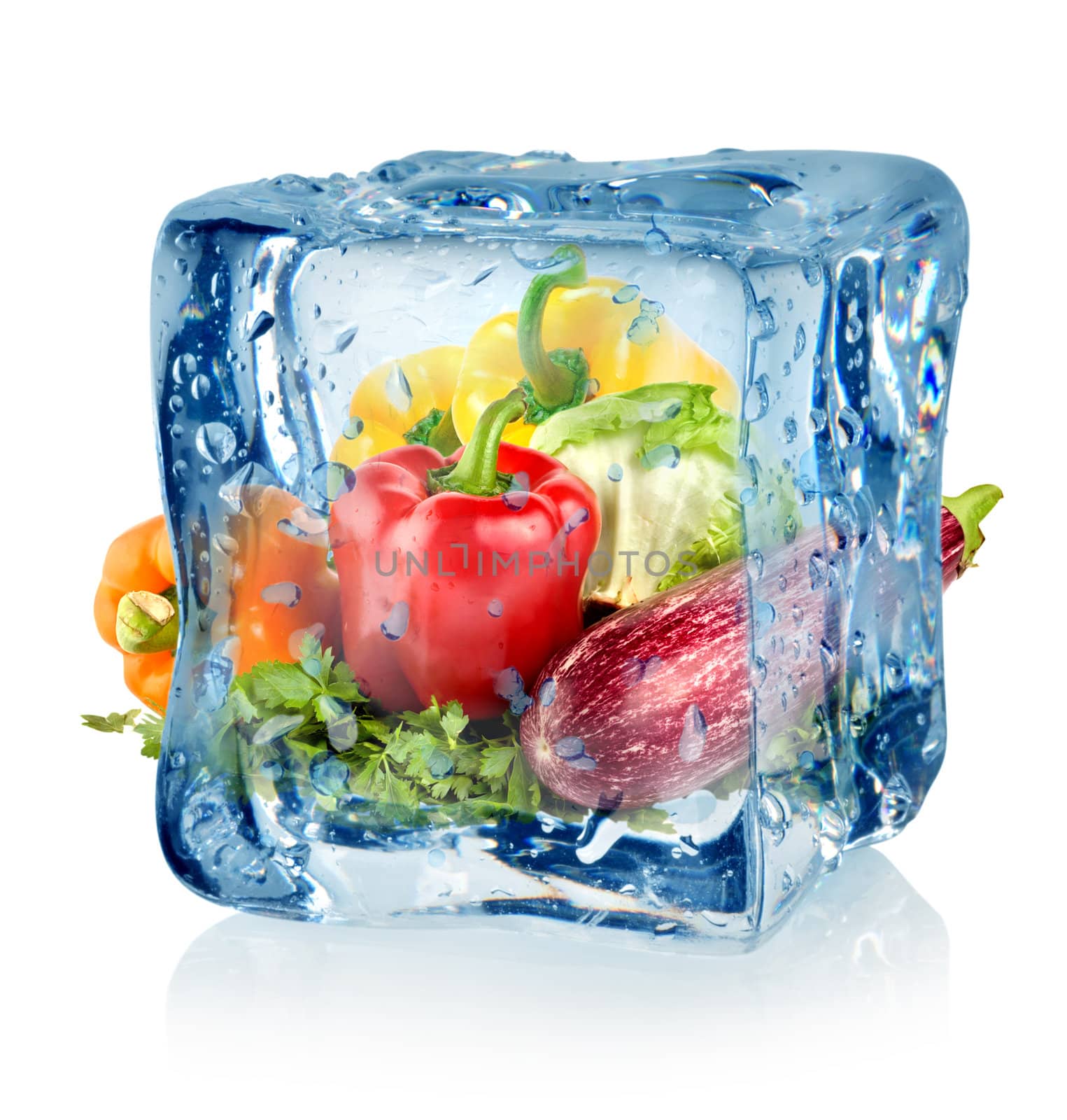 Ice cube and vegetables isolated on a white background