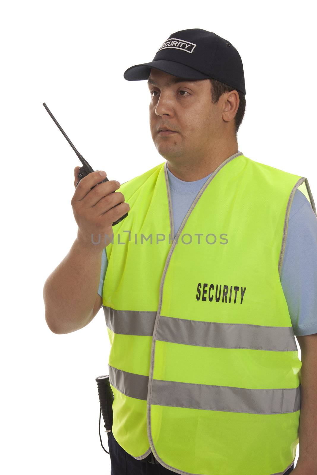 Security guard hand holding cb walkie-talkie radio