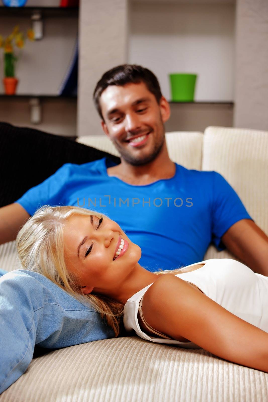 bright picture of happy romantic couple at home