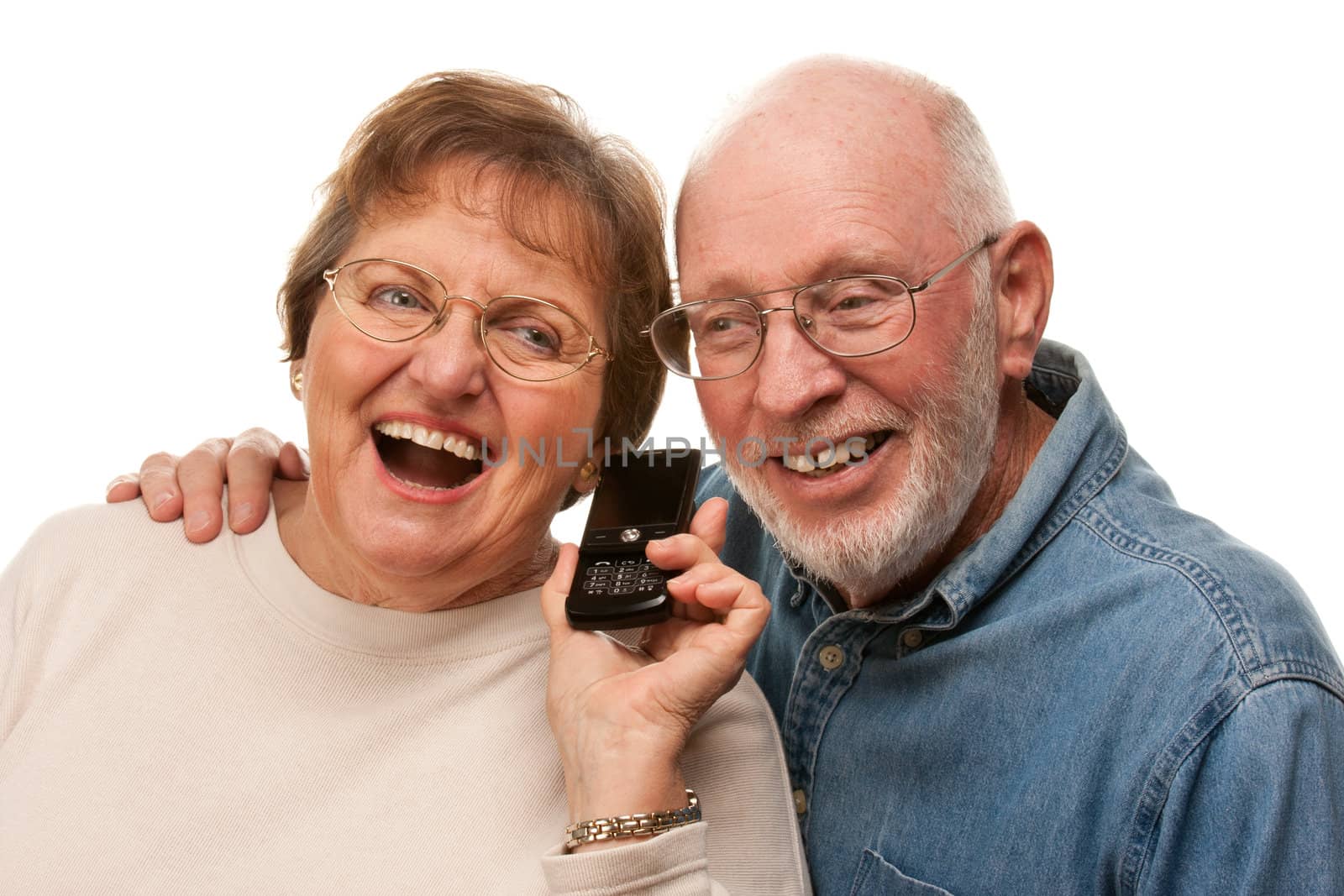 Happy Senior Couple Using Cell Phone Isolated on a White Background.