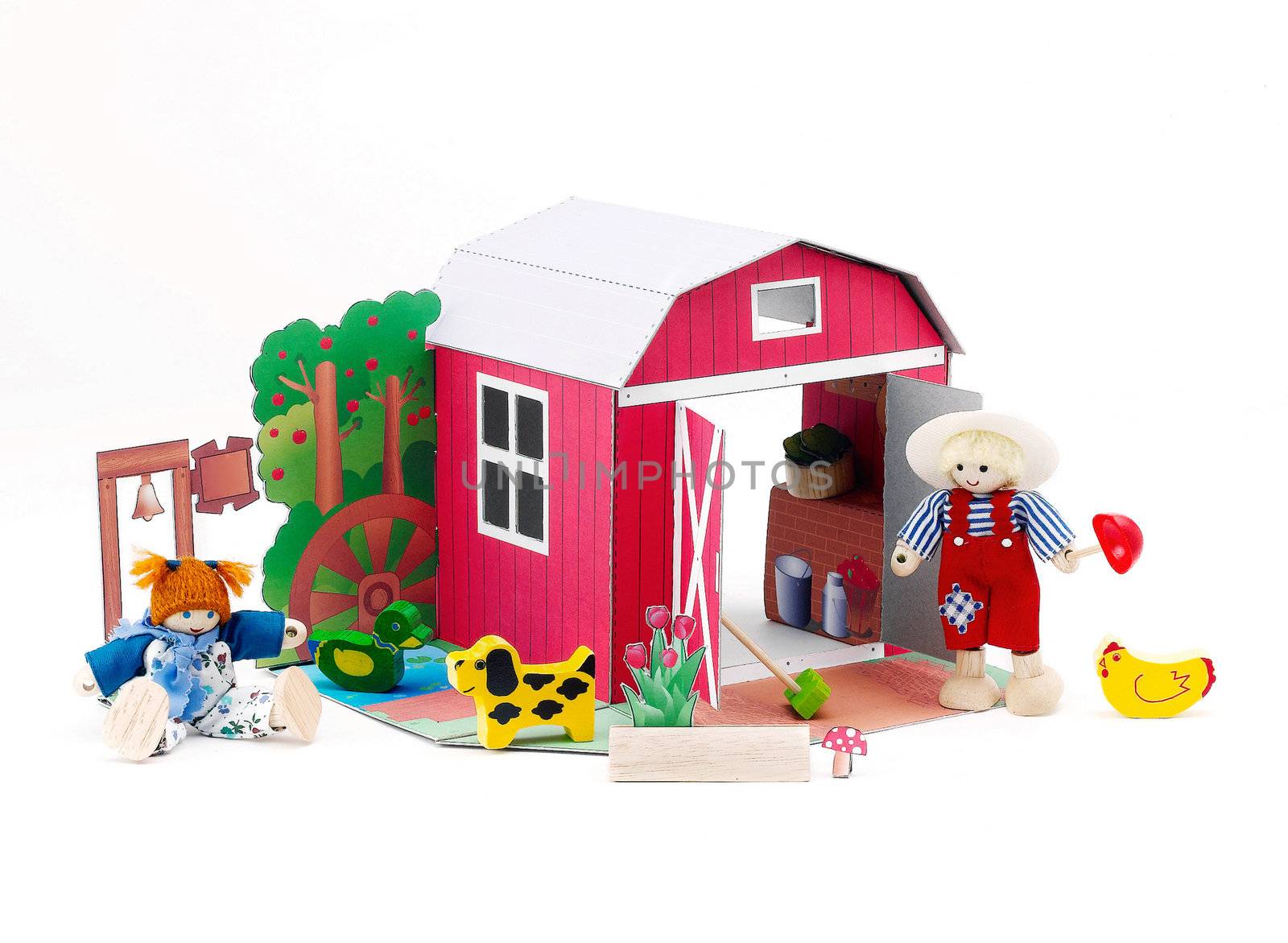 Paper doll barn house western style with farmer and there pets  