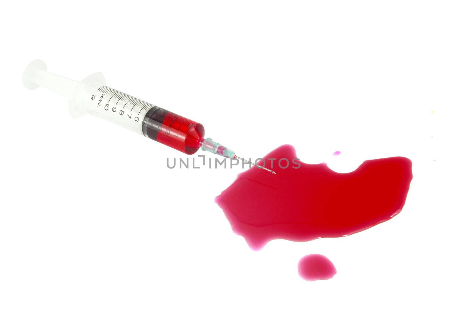 syringe with blood on a white background
