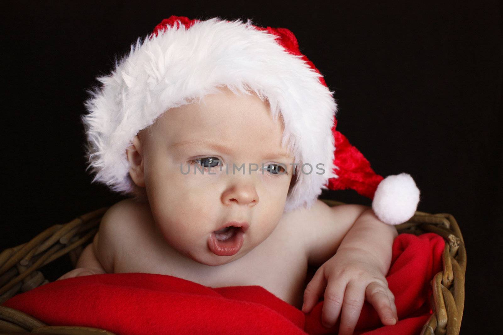 A close-up of a baby in a basket, wearing a santa hat, with an open-mouthed scolding expression, or expression of shock, isolated on a black background.