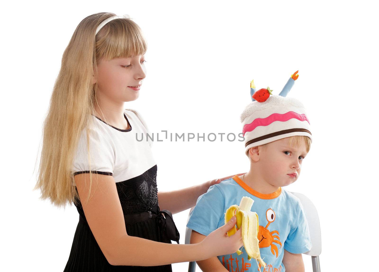 Sister Trying to Give her Brother Banana Despite to his Wish isolated on white background