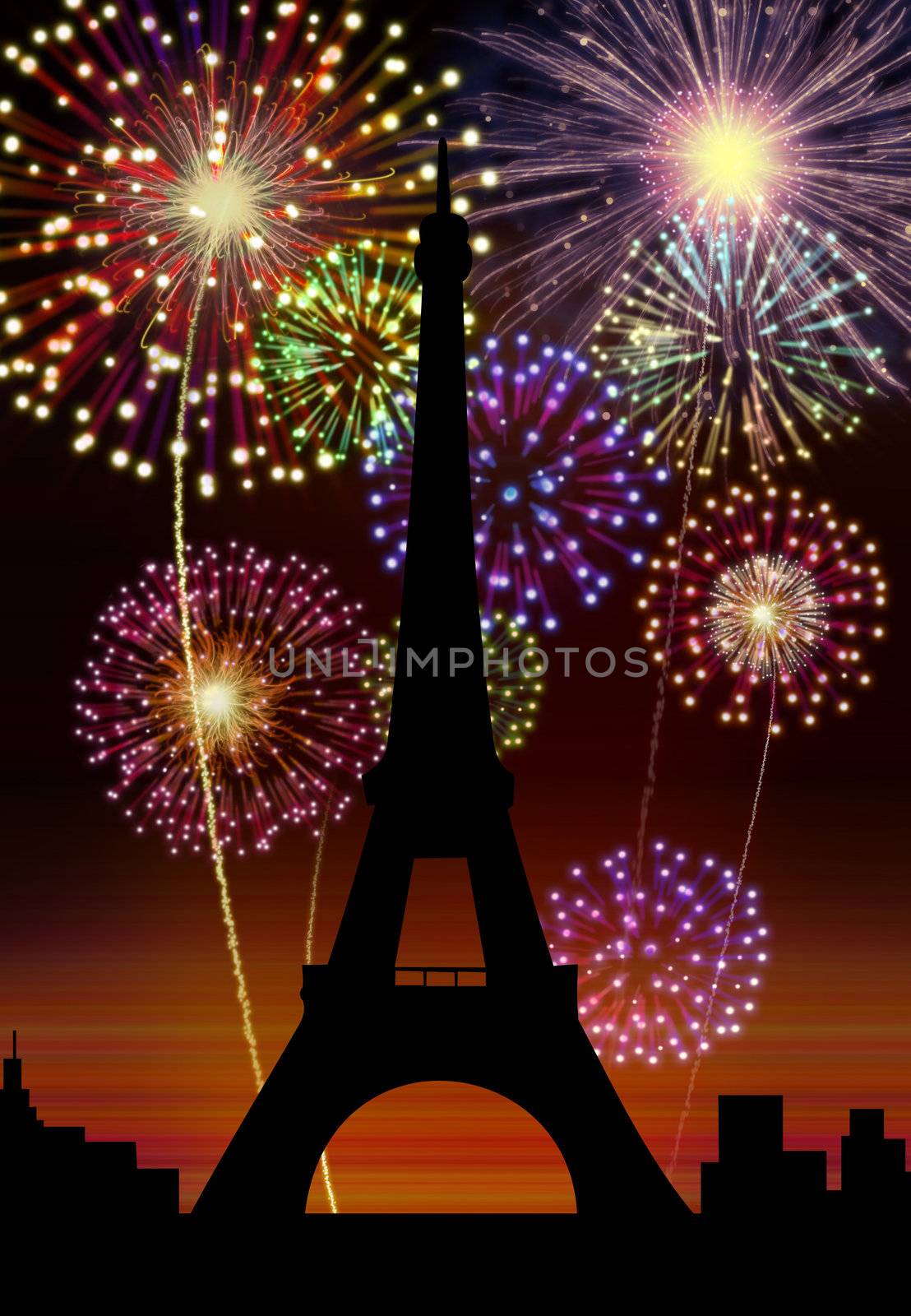 Fireworks happy New year Paris city night Tour Eiffel scene.