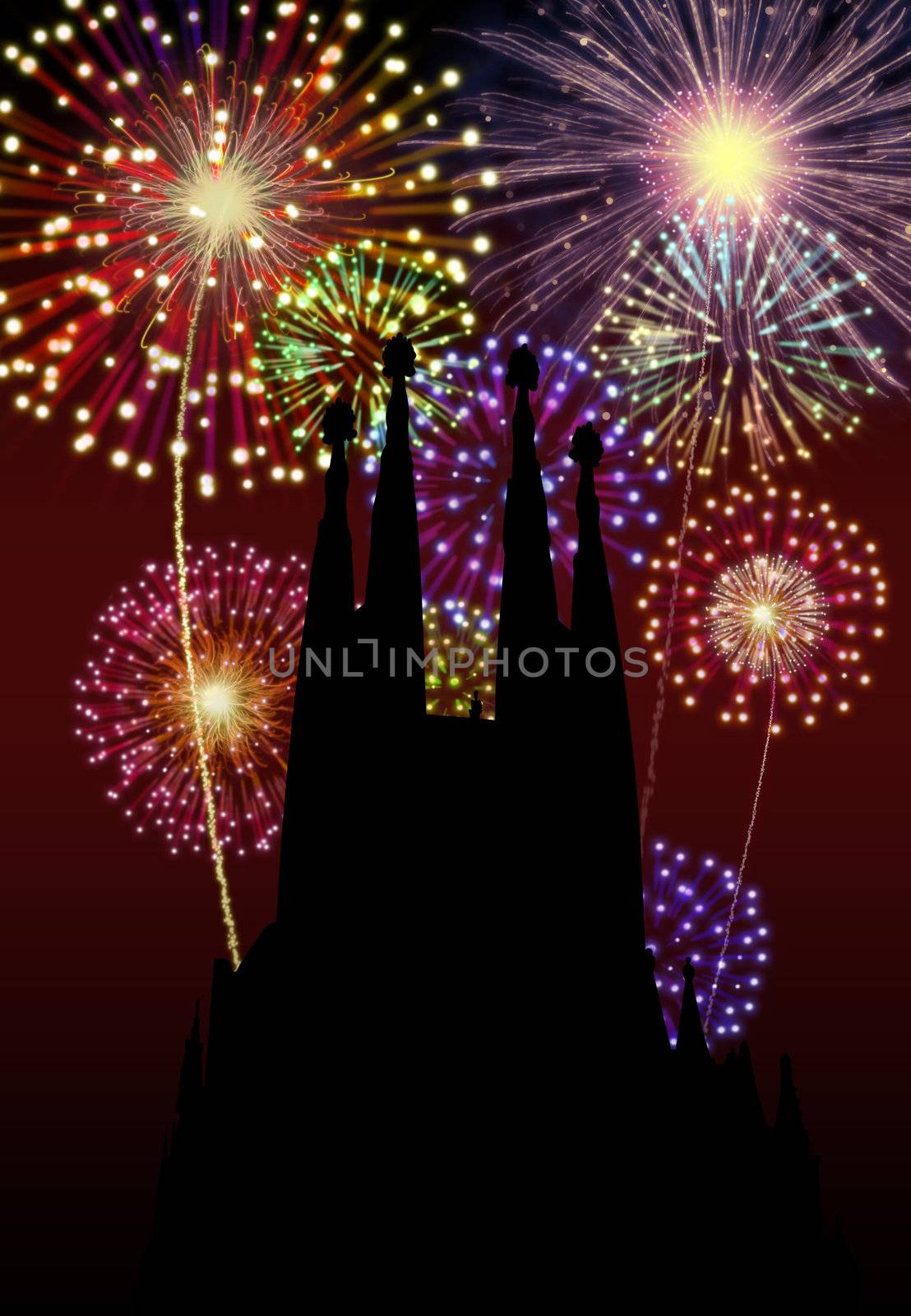 Fireworks happy New year Barcelona city night Tibidabo church scene.
