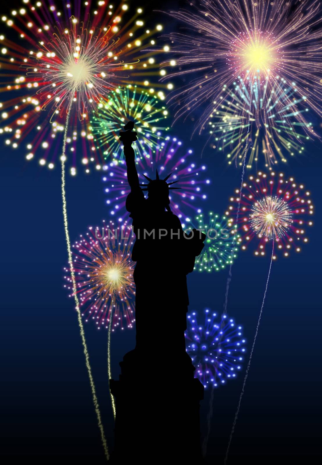 Fireworks happy New year New York city night Liberty Statuel scene.