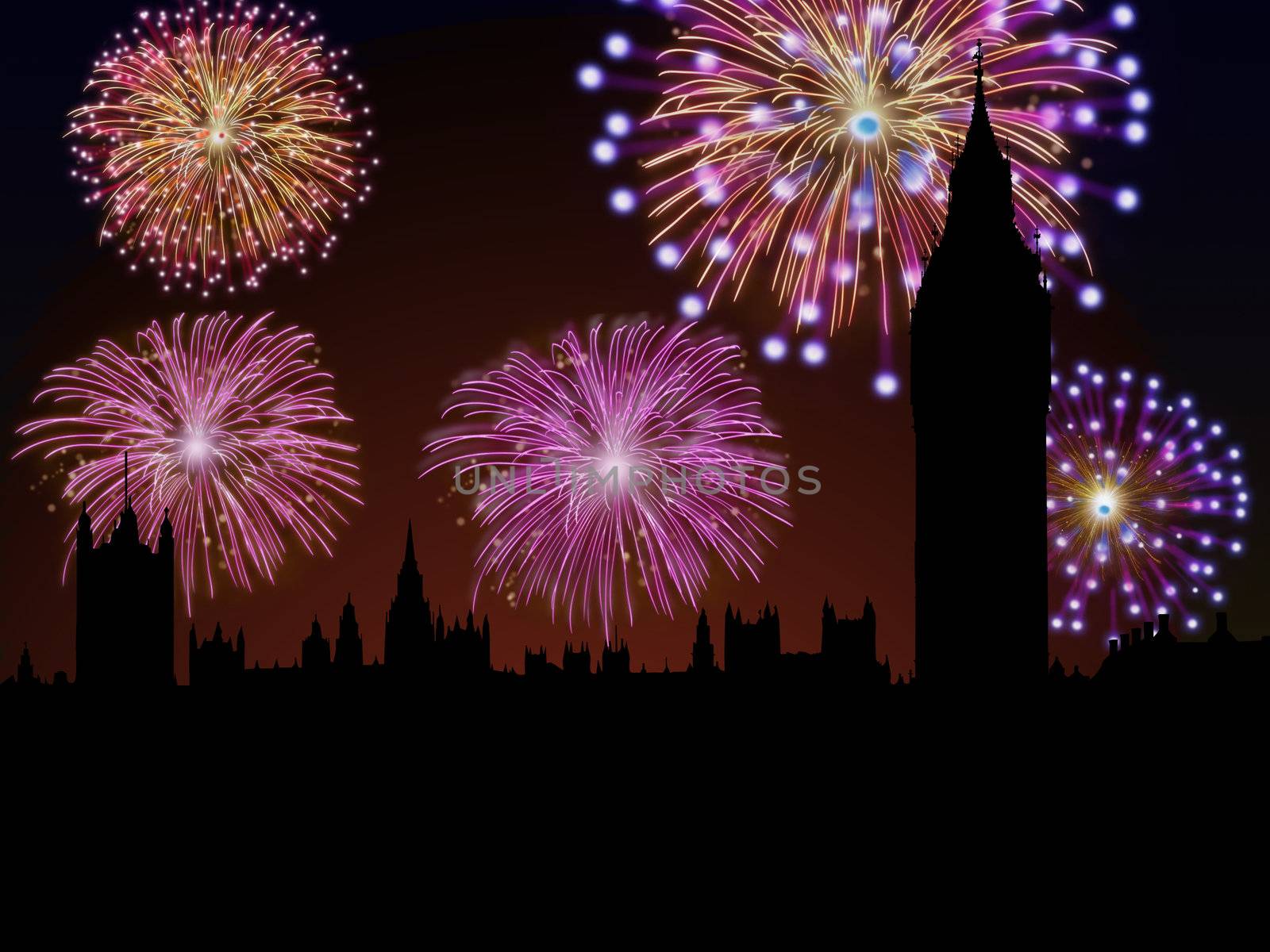 Fireworks happy New year London city Big Ben and House of Parliament scene.