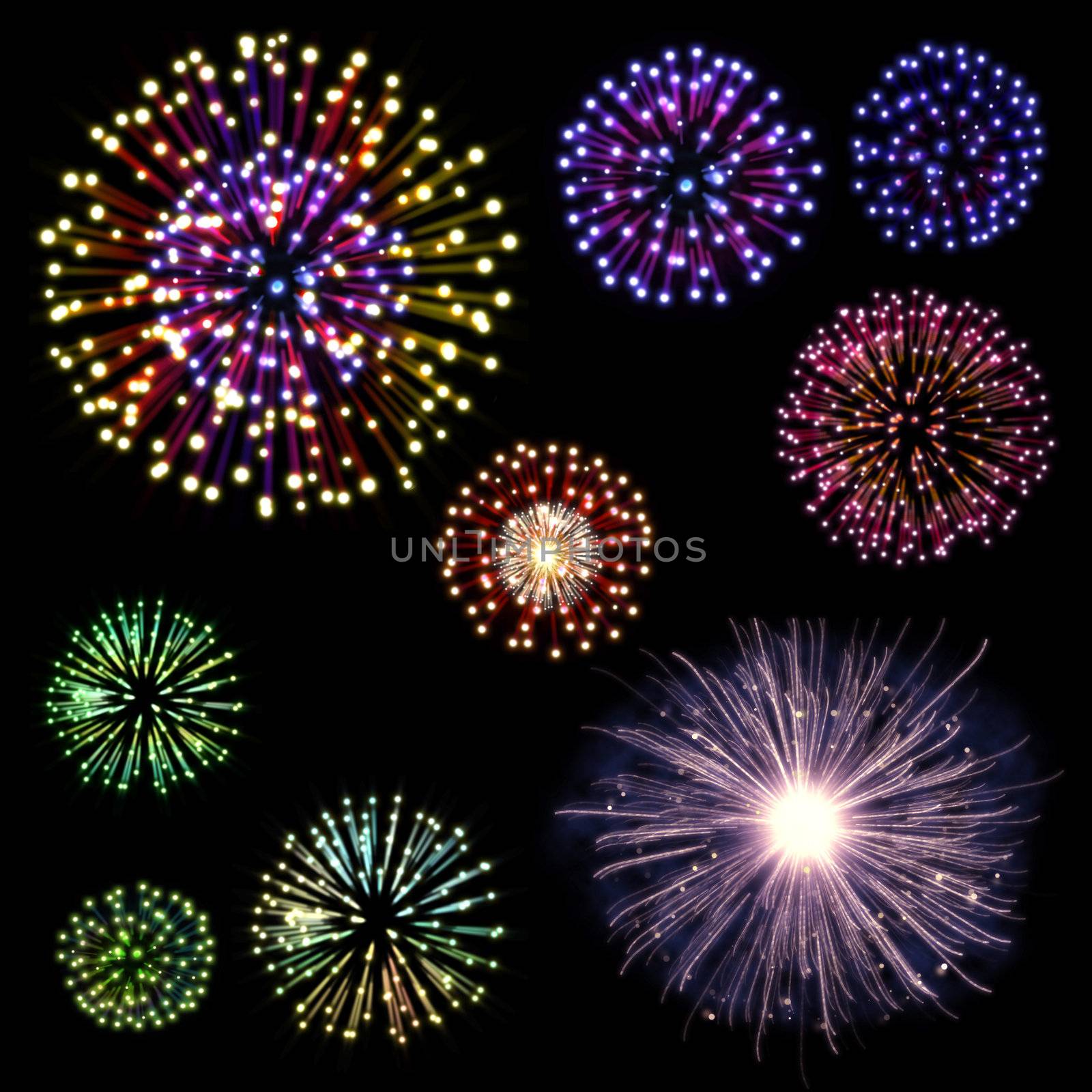 Collection of colorful fireworks, sparklers, salute and petards explosions. Design elements isolated over black background