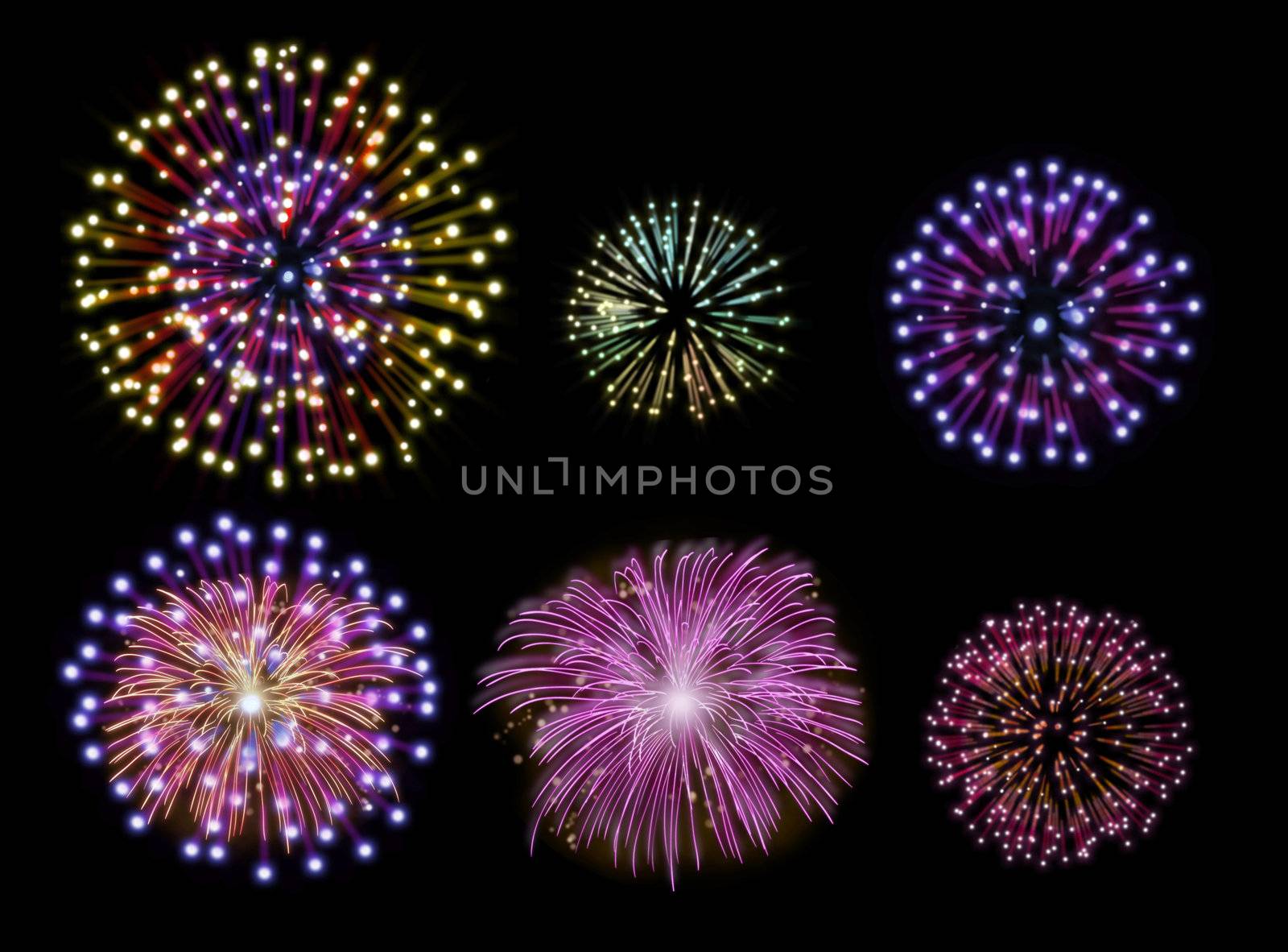 Collection of colorful fireworks, sparklers, salute and petards explosions. Design elements isolated over black background