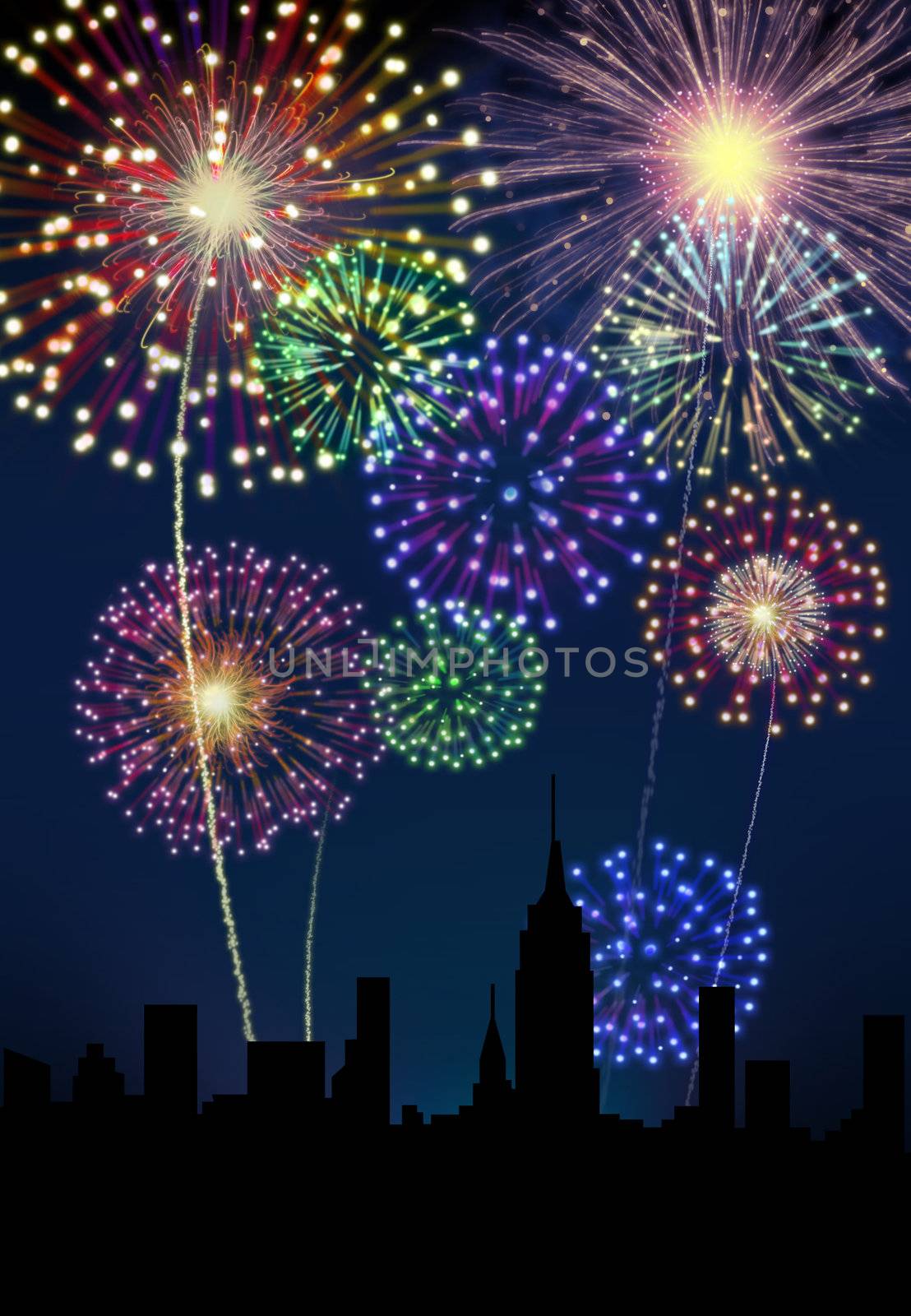 Fireworks happy New year siluette city night scene.