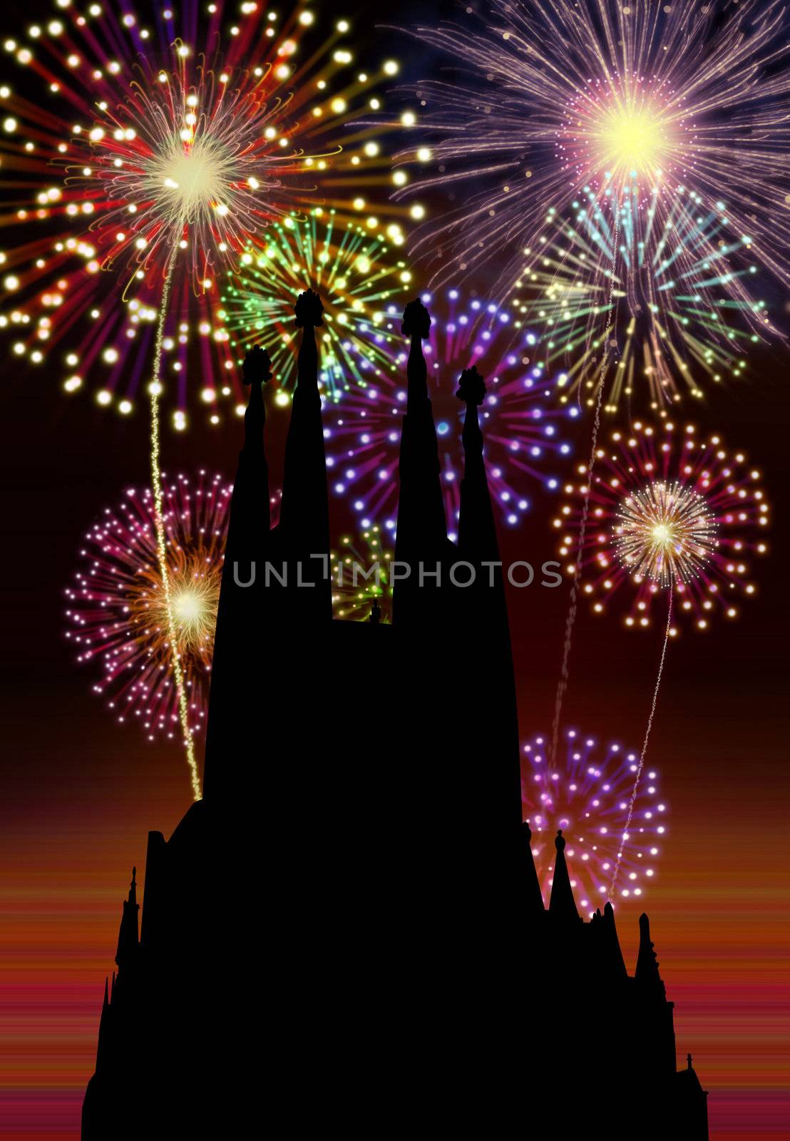 Fireworks happy New year Barcelona city night Tibidabo church scene.