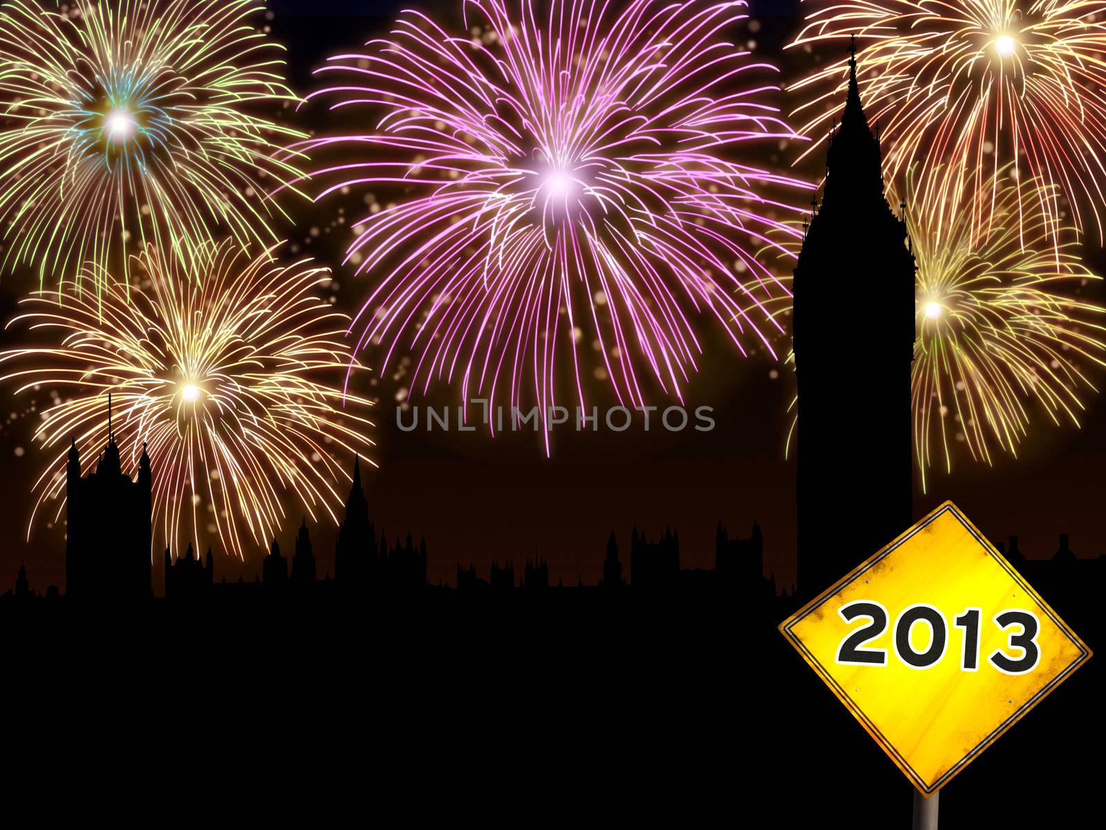 Fireworks happy New year London city night scene with Big Ben tower landmark silhouette and road sign.