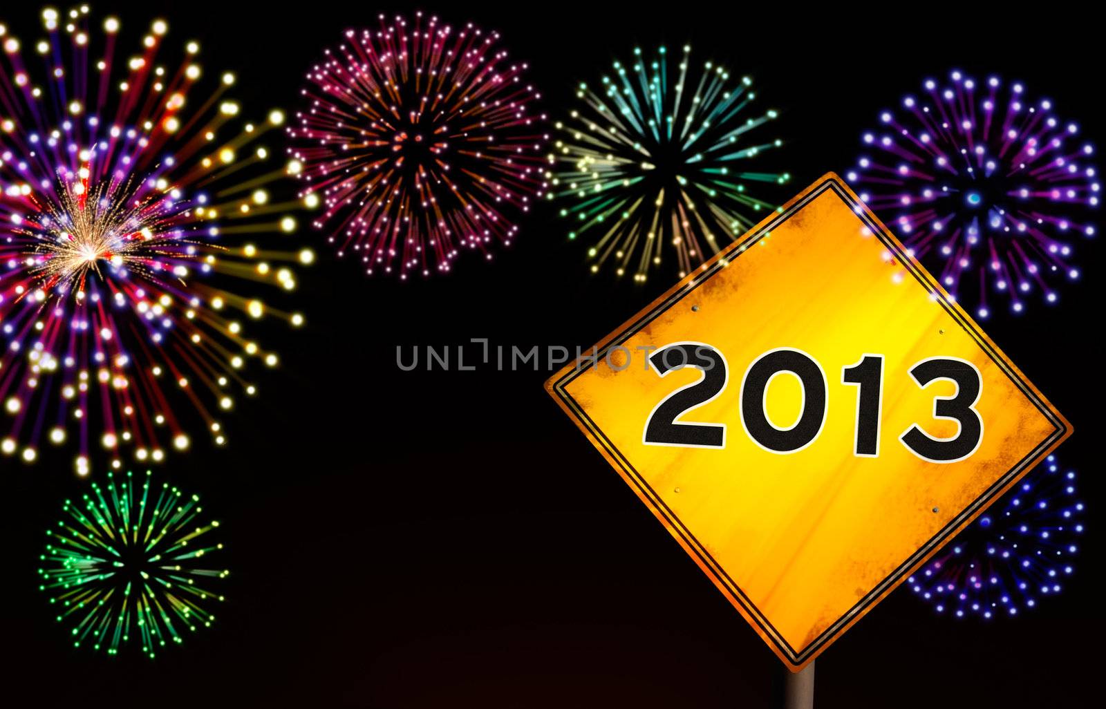 Happy New Year fireworks background with 2013 year in yellow road sign ahead.