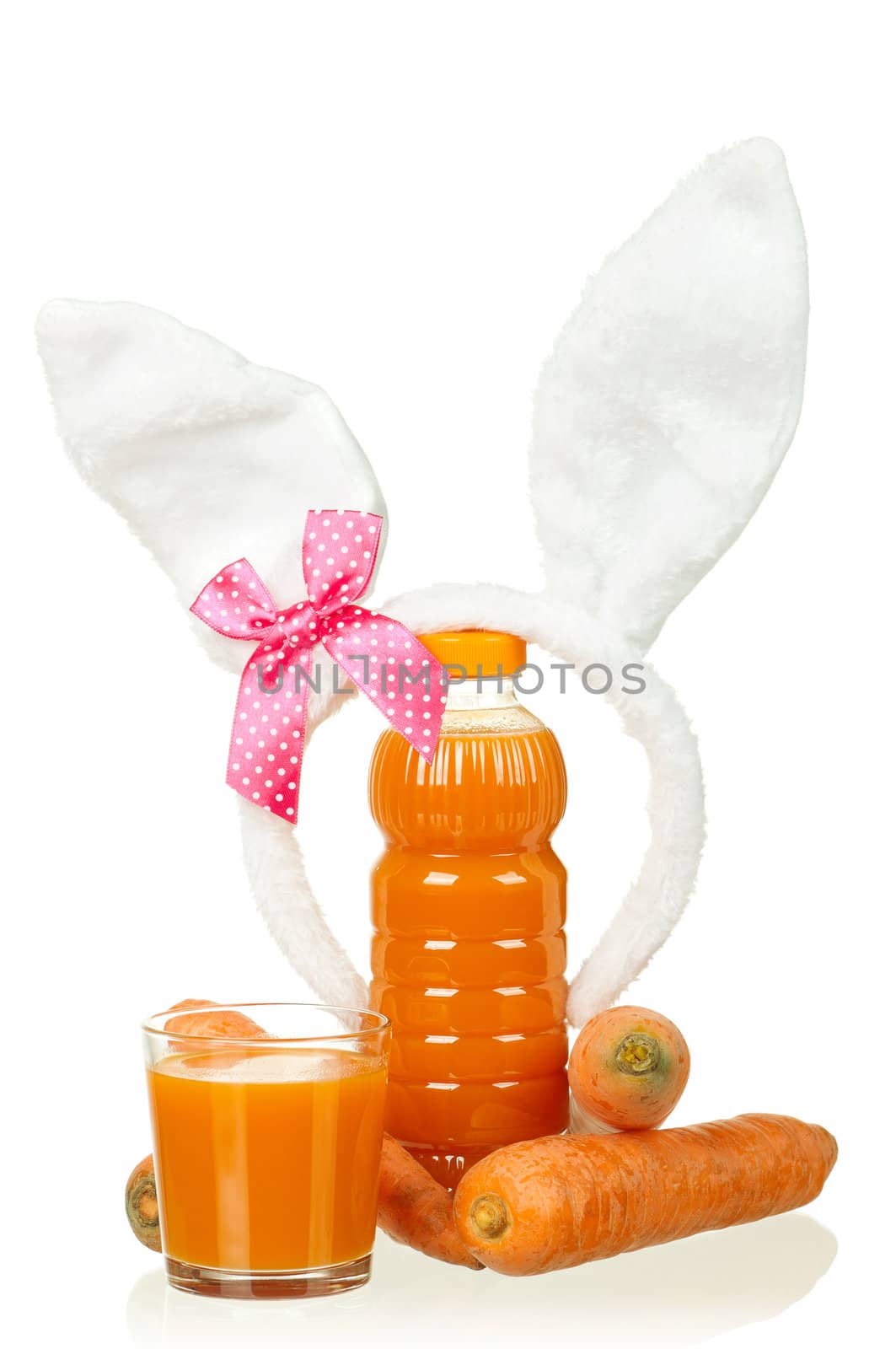 Fresh carrot juice with bunny ears isolated on white background