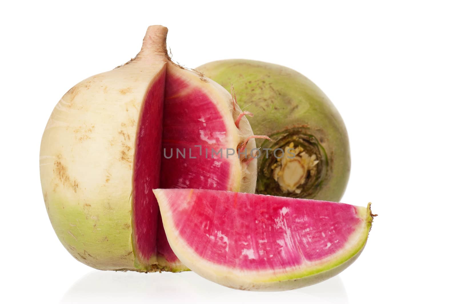 Sliced fresh radish isolated on white background