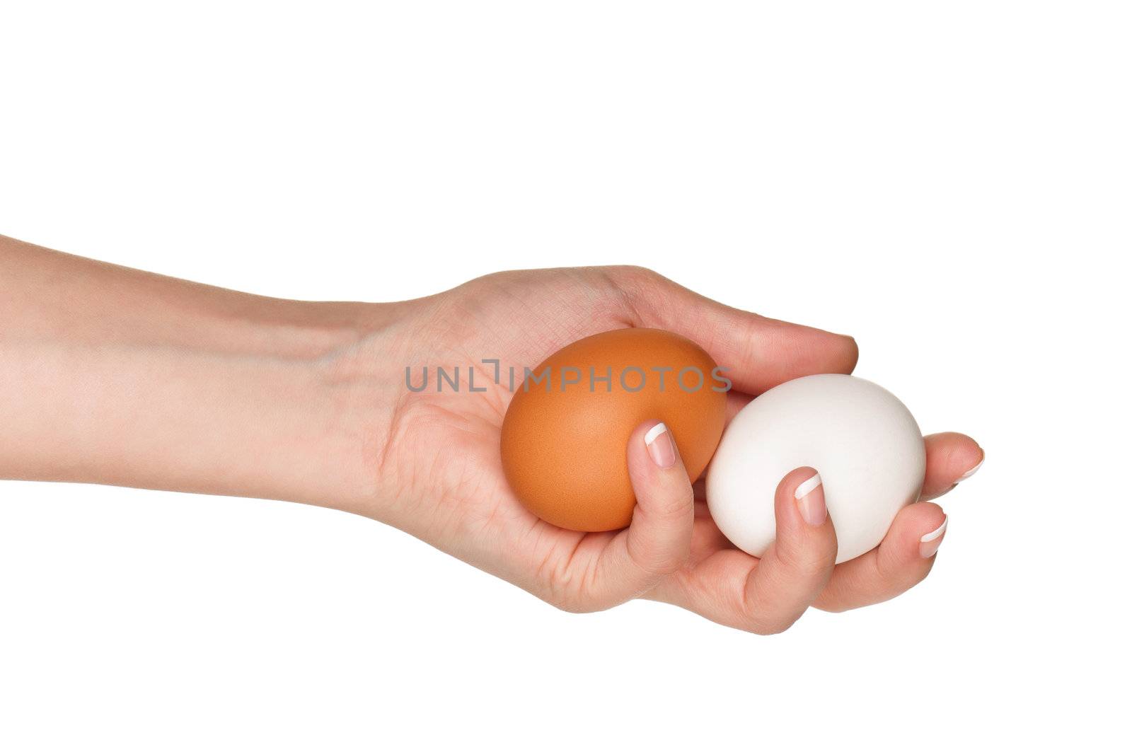 Woman hands with eggs isolated on white background