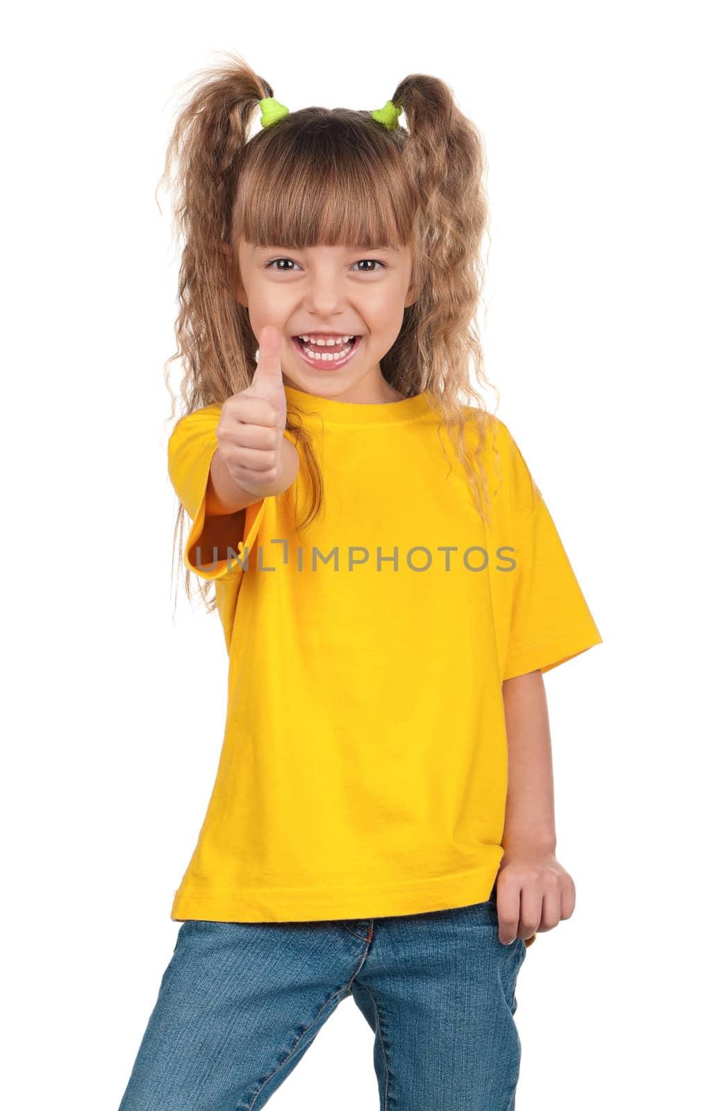 Portrait of happy little girl giving you thumbs up over white background