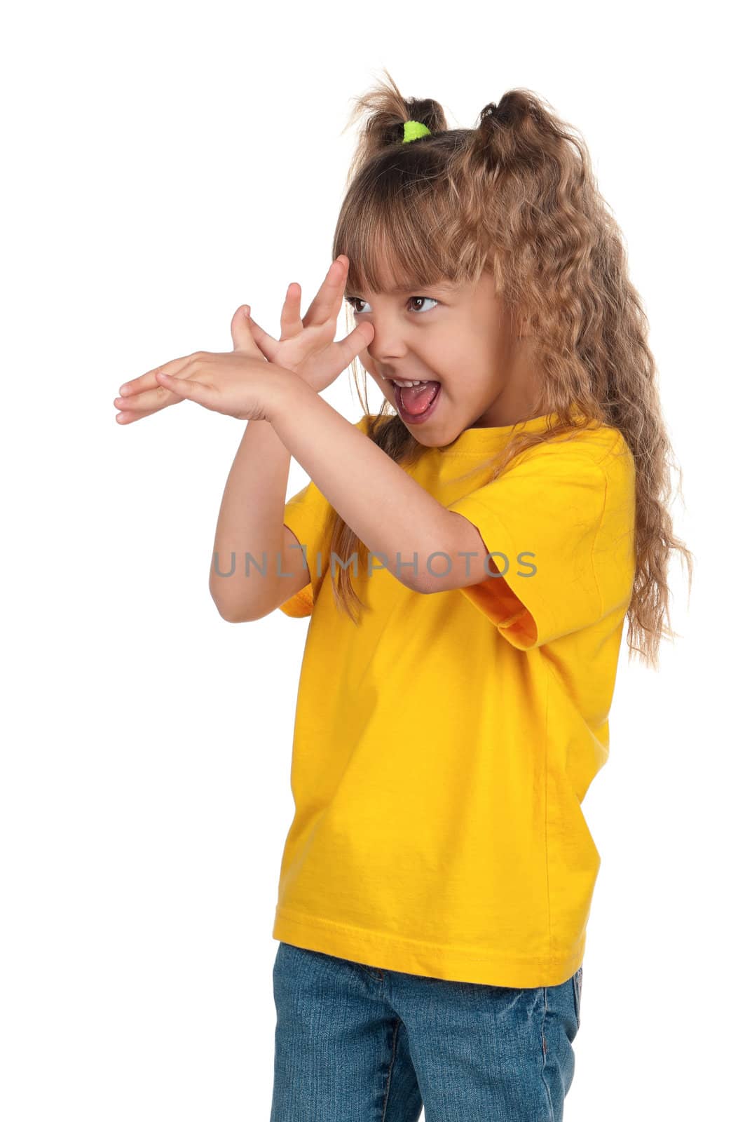 Portrait of happy little girl over white background