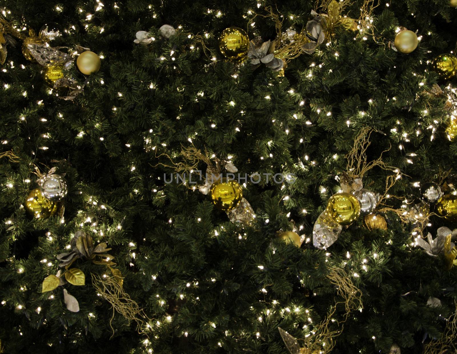 Glittering silver and white Christmas tree decorations background