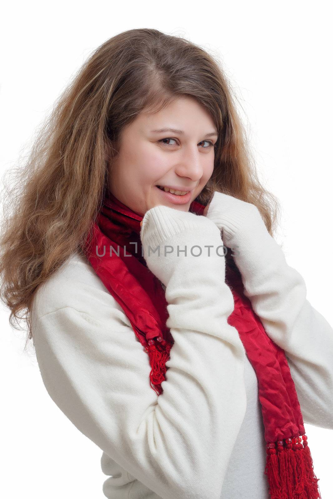 Beautiful woman wearing winter clothes isolated on white background