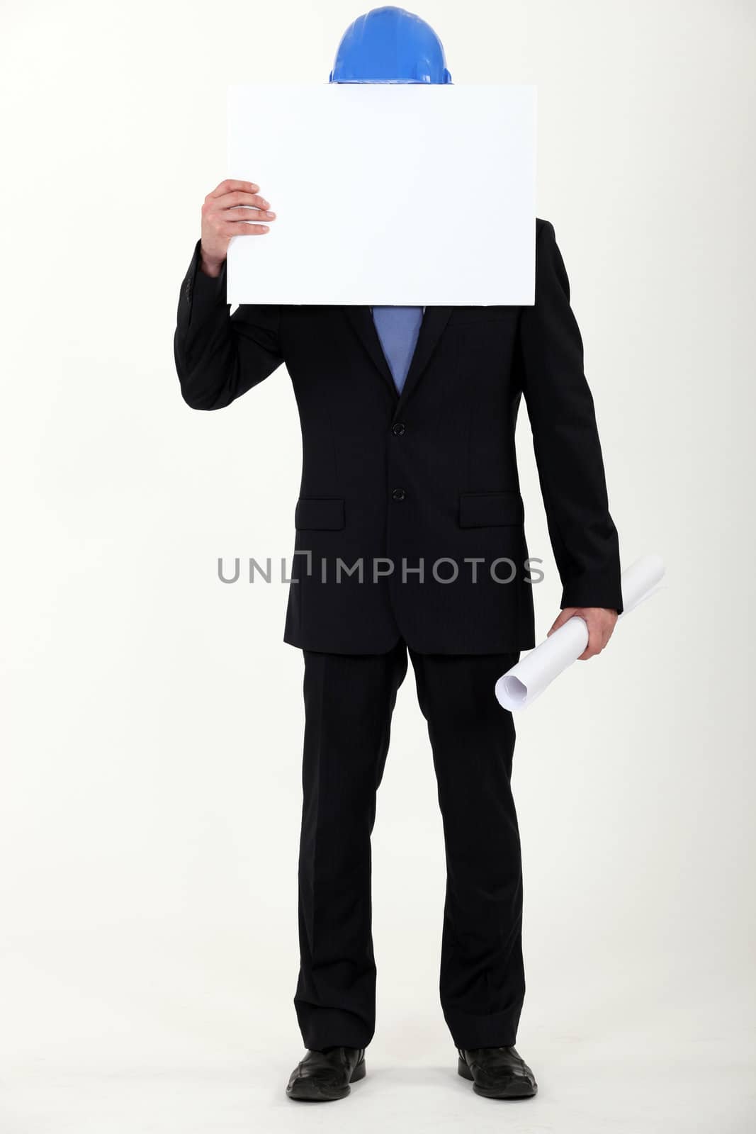 Engineer covering his face with a blank sign by phovoir