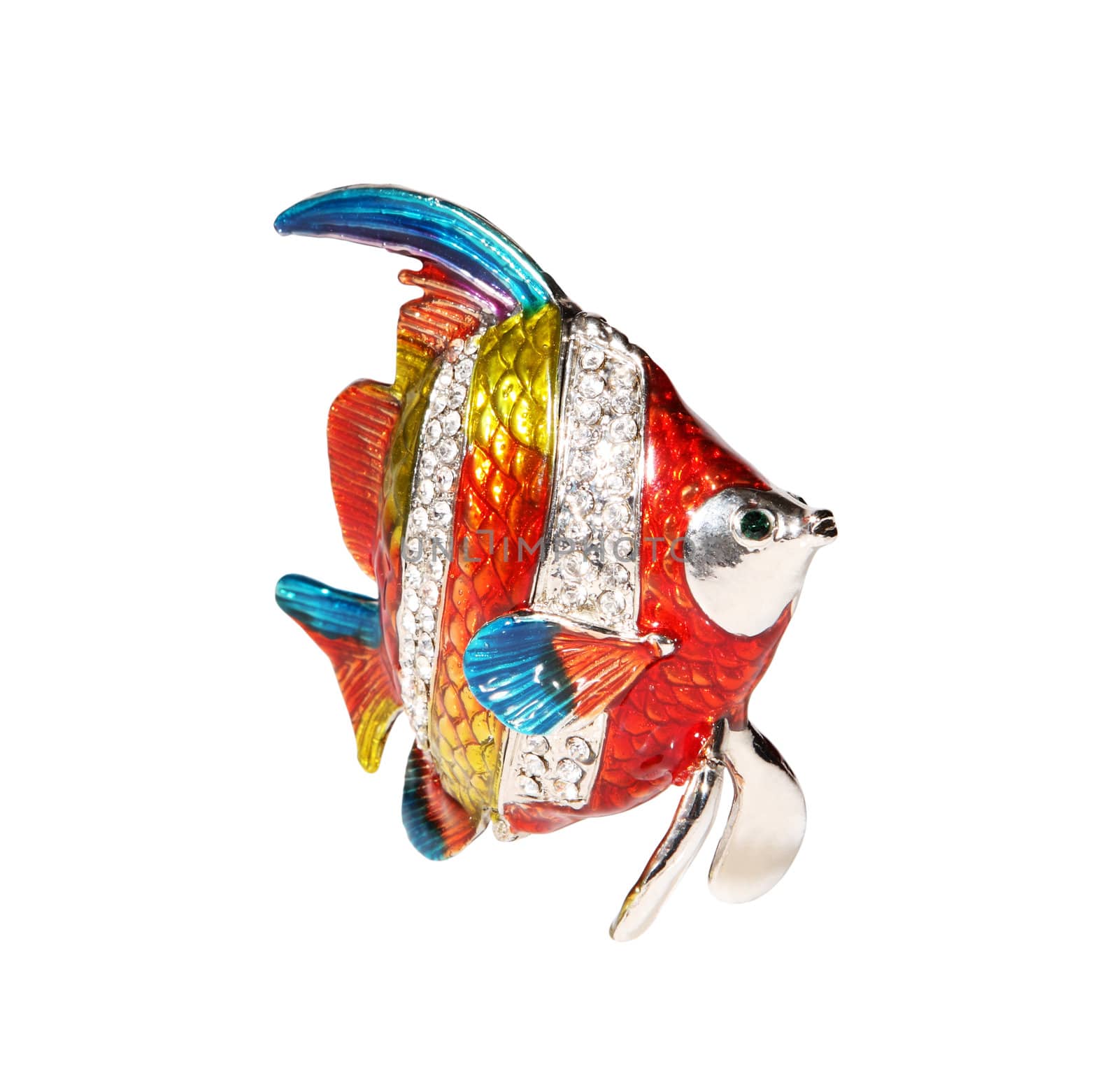 Metal fish with crystals on the white background (souvenir)
