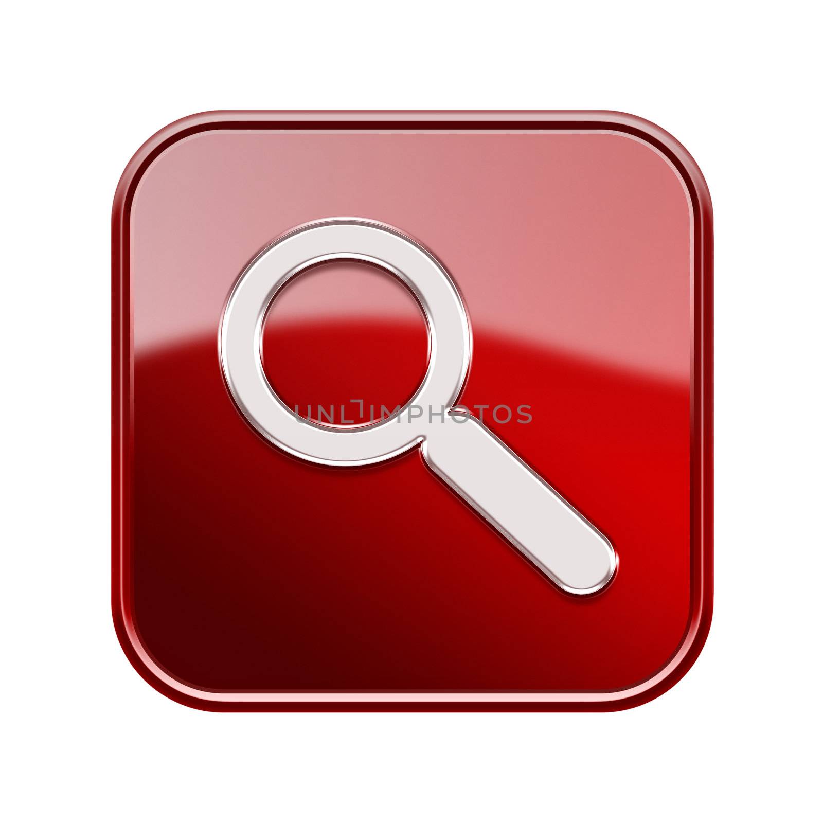 Magnifier icon glossy red, isolated on white background