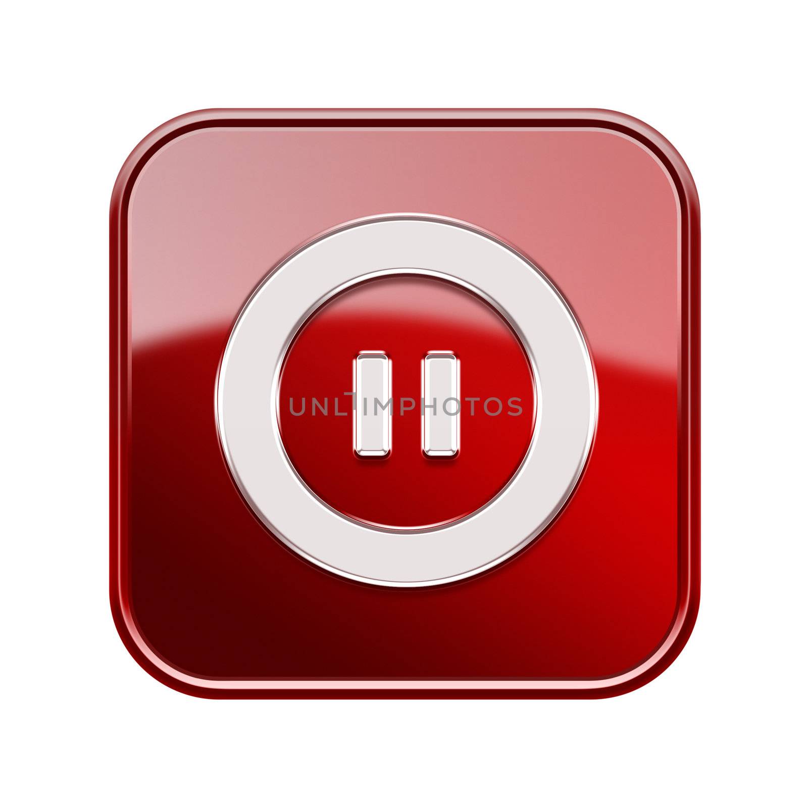 Pause icon glossy red, isolated on white background