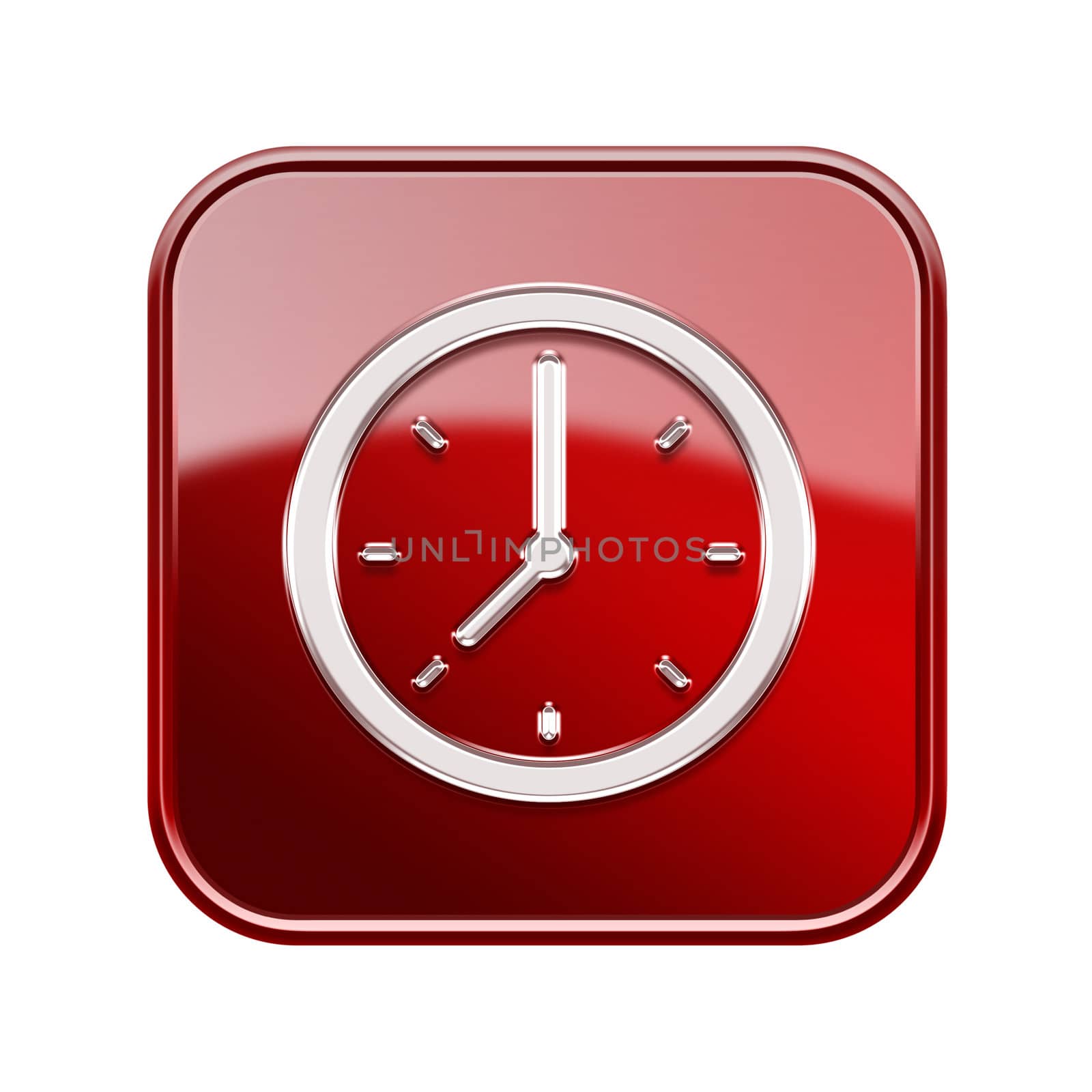 Clock icon glossy red, isolated on white background