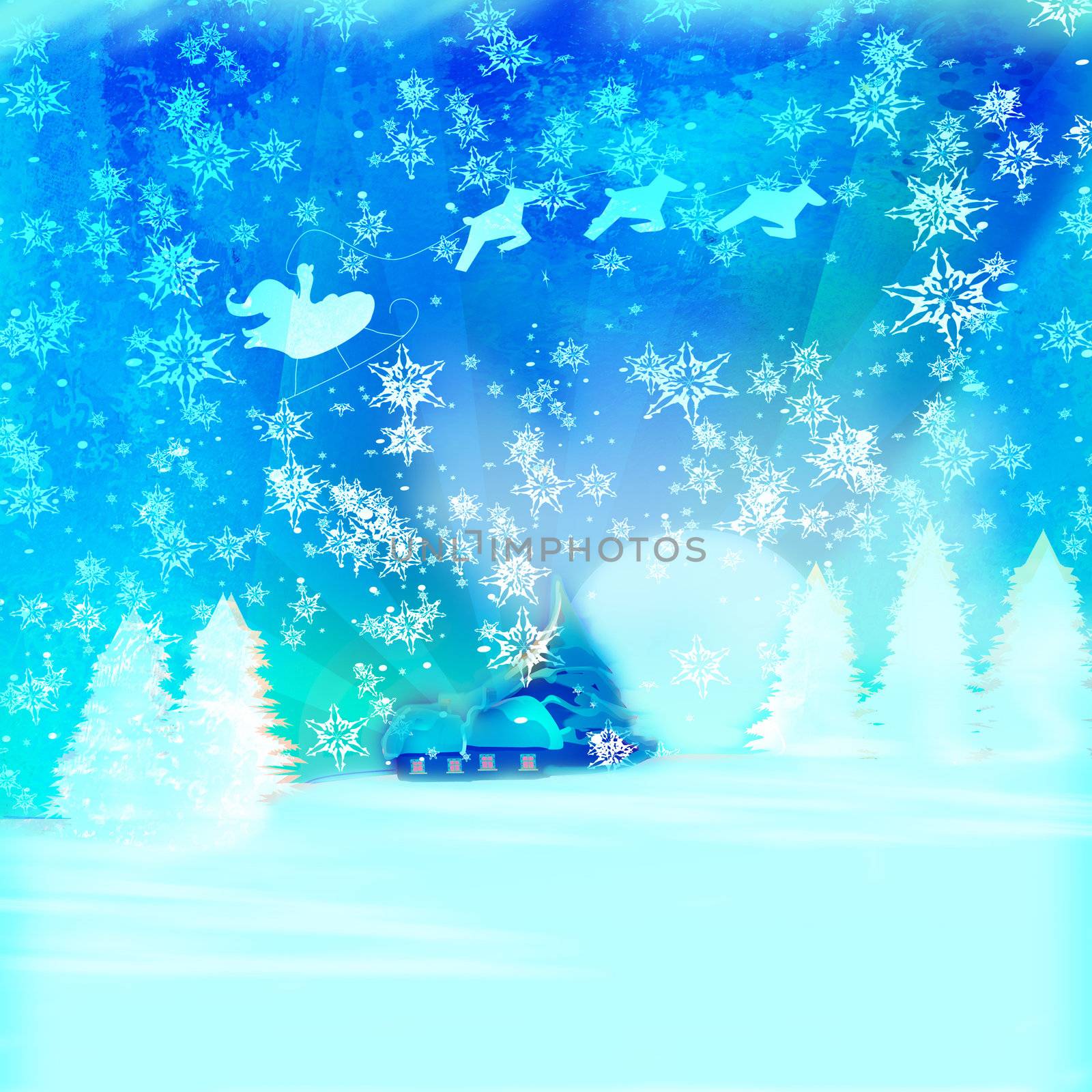 Happy New year card with Santa and winter landscape