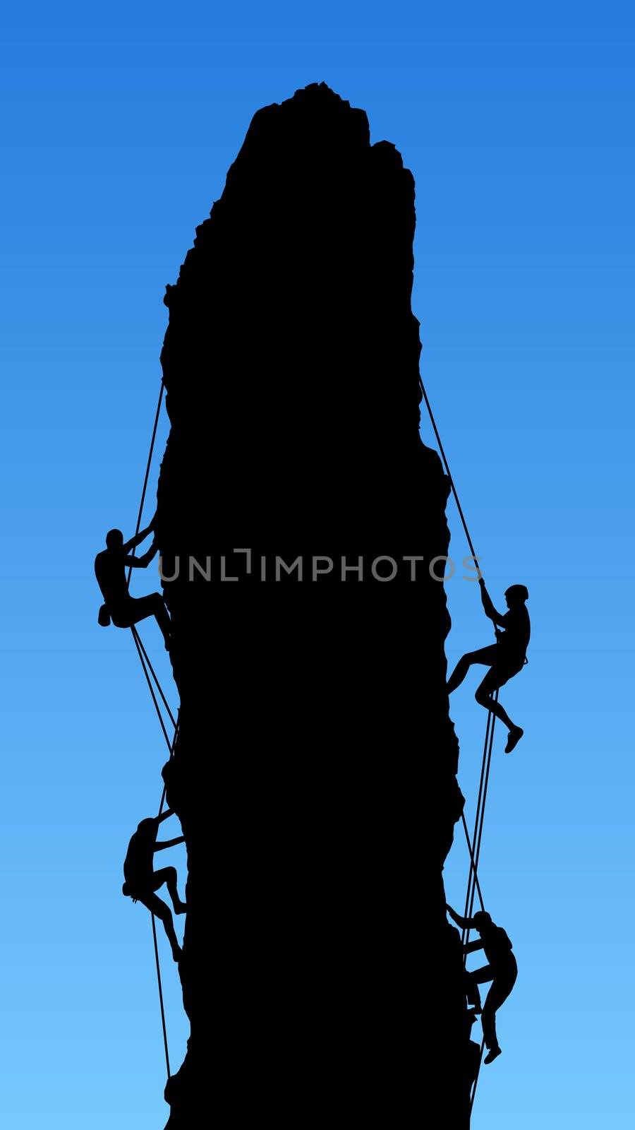 Illustration of four people climbing a Rock