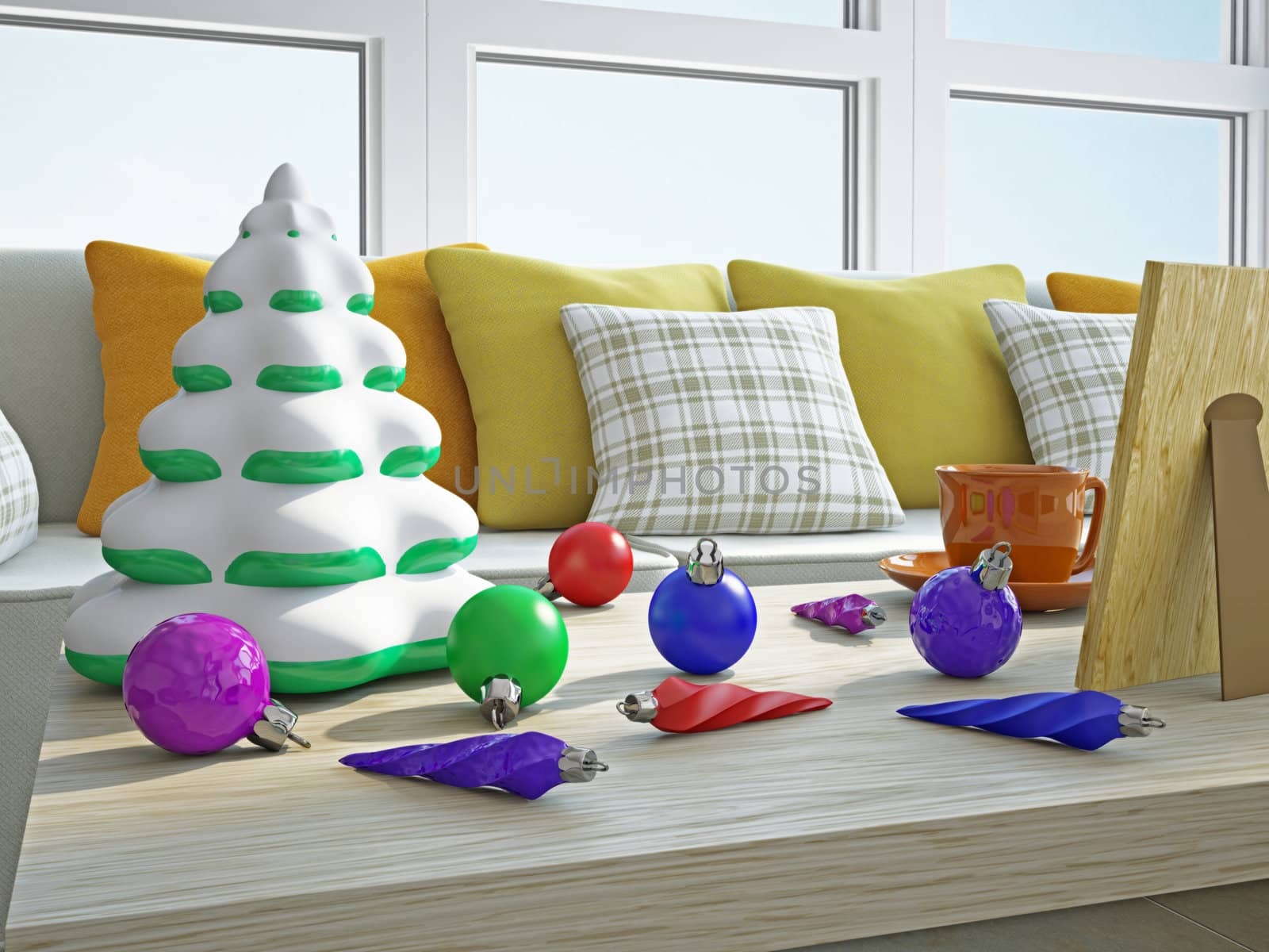 Bright christmas decorations on a wooden table