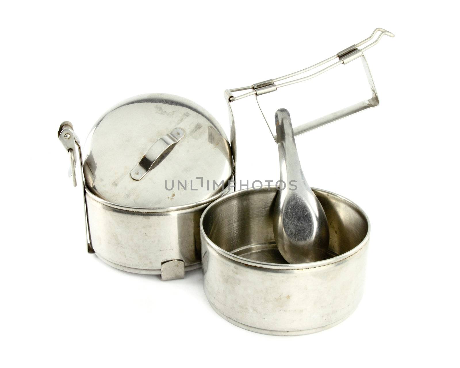 Silver Metal Tiffin separate and spoon, Food Container On White  by geargodz