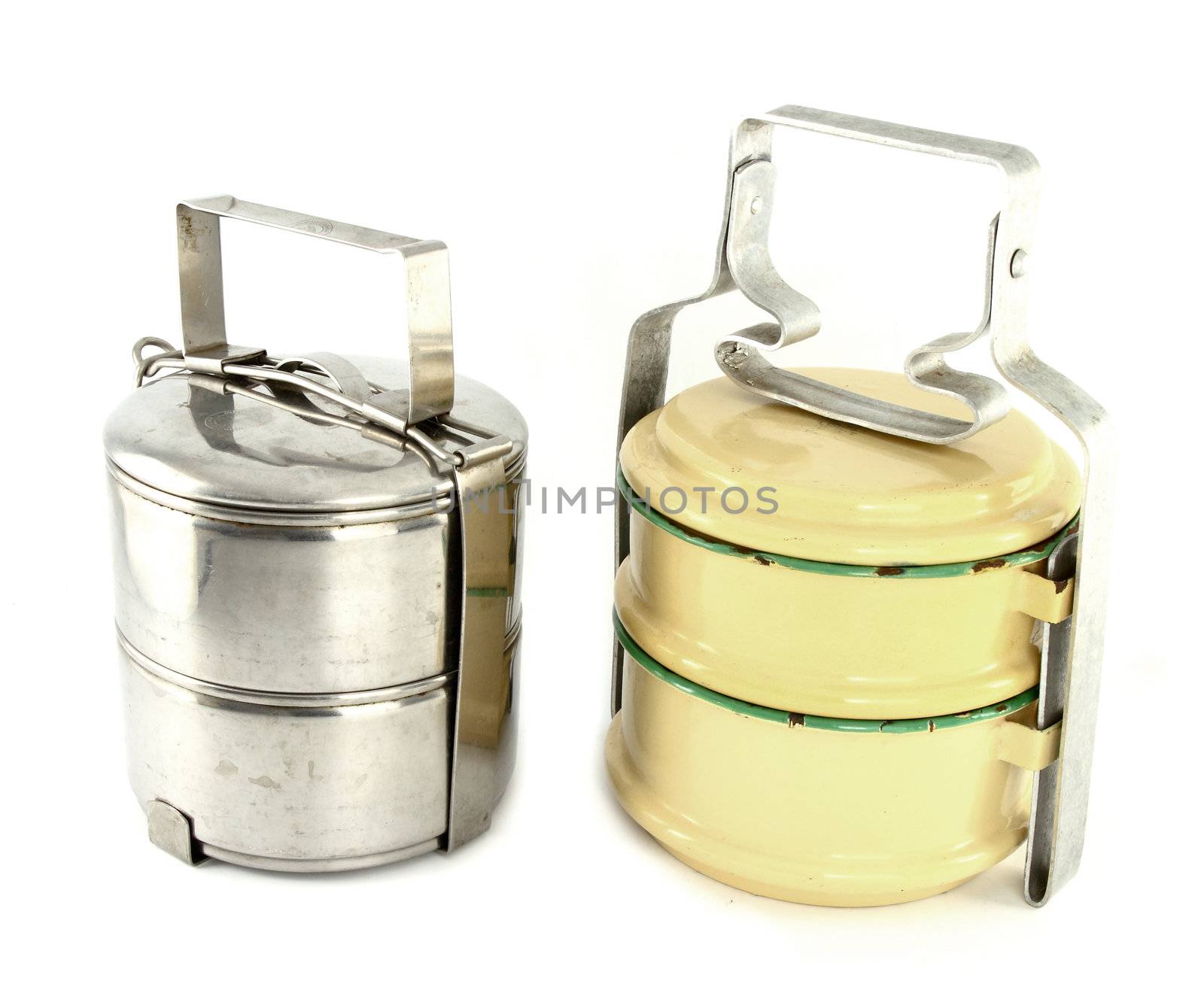 Metal and silver tiffin, food container on white background