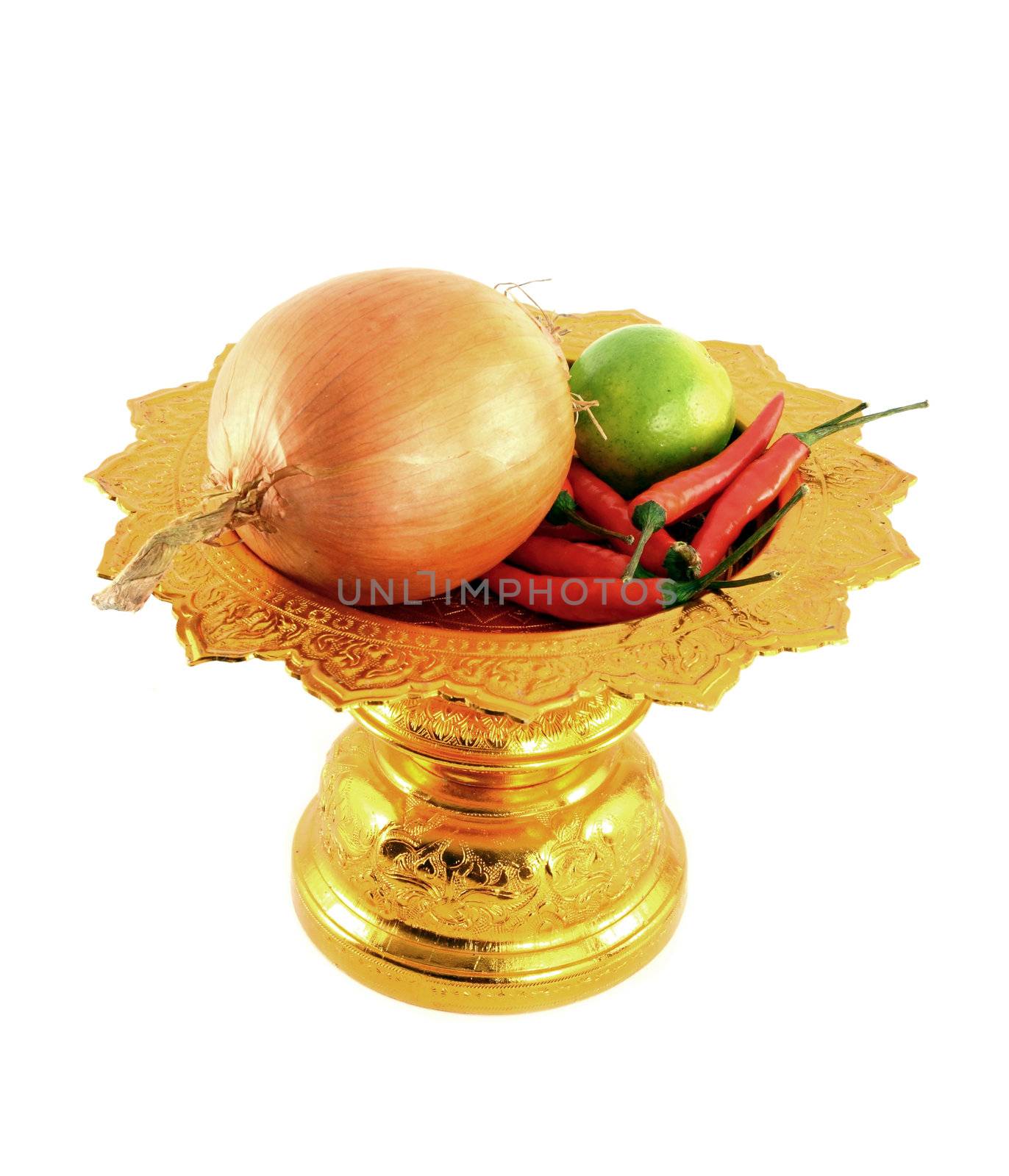 vegetables mix with golden tray on white background