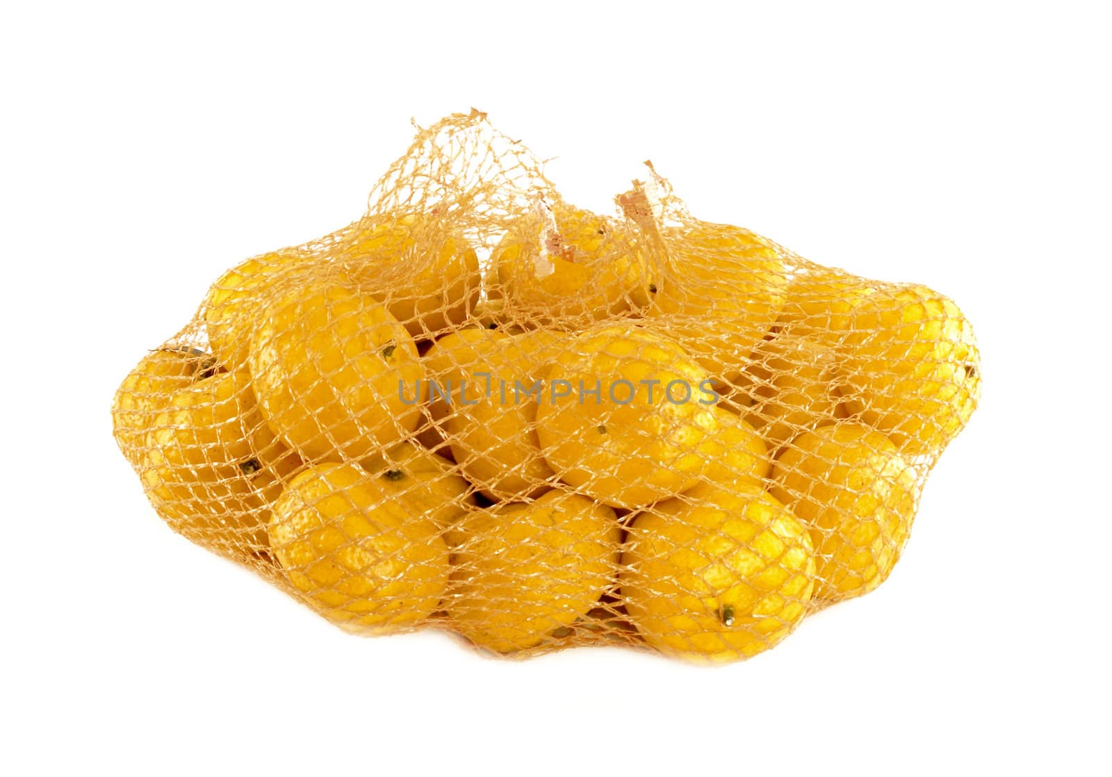 A bunch of oranges packaged in netting, isolated on white by geargodz