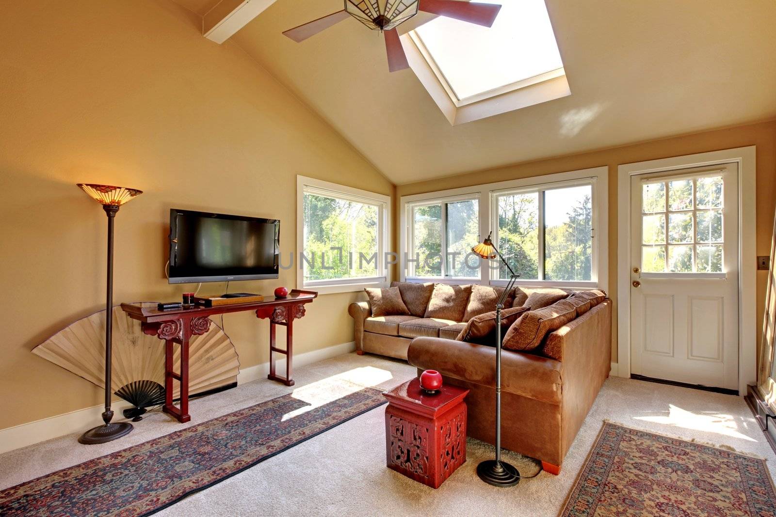 Large living room with sofa, TV and brown walls with beige carpet.