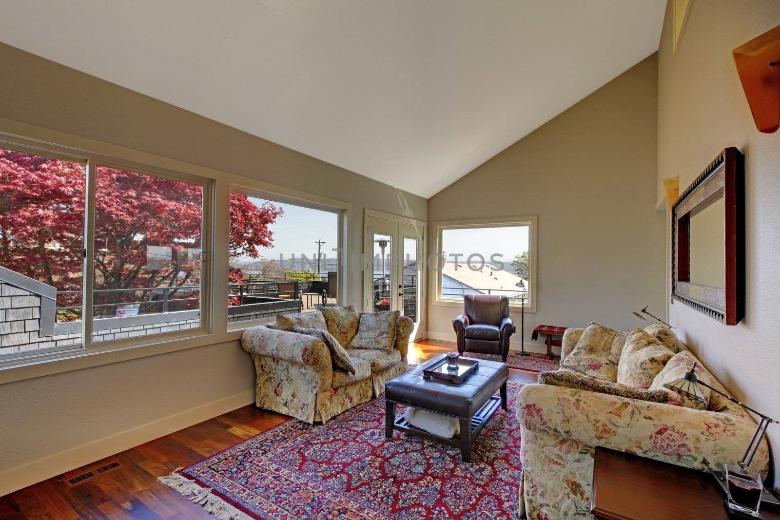 Living room with many windows, rug and two sofas.