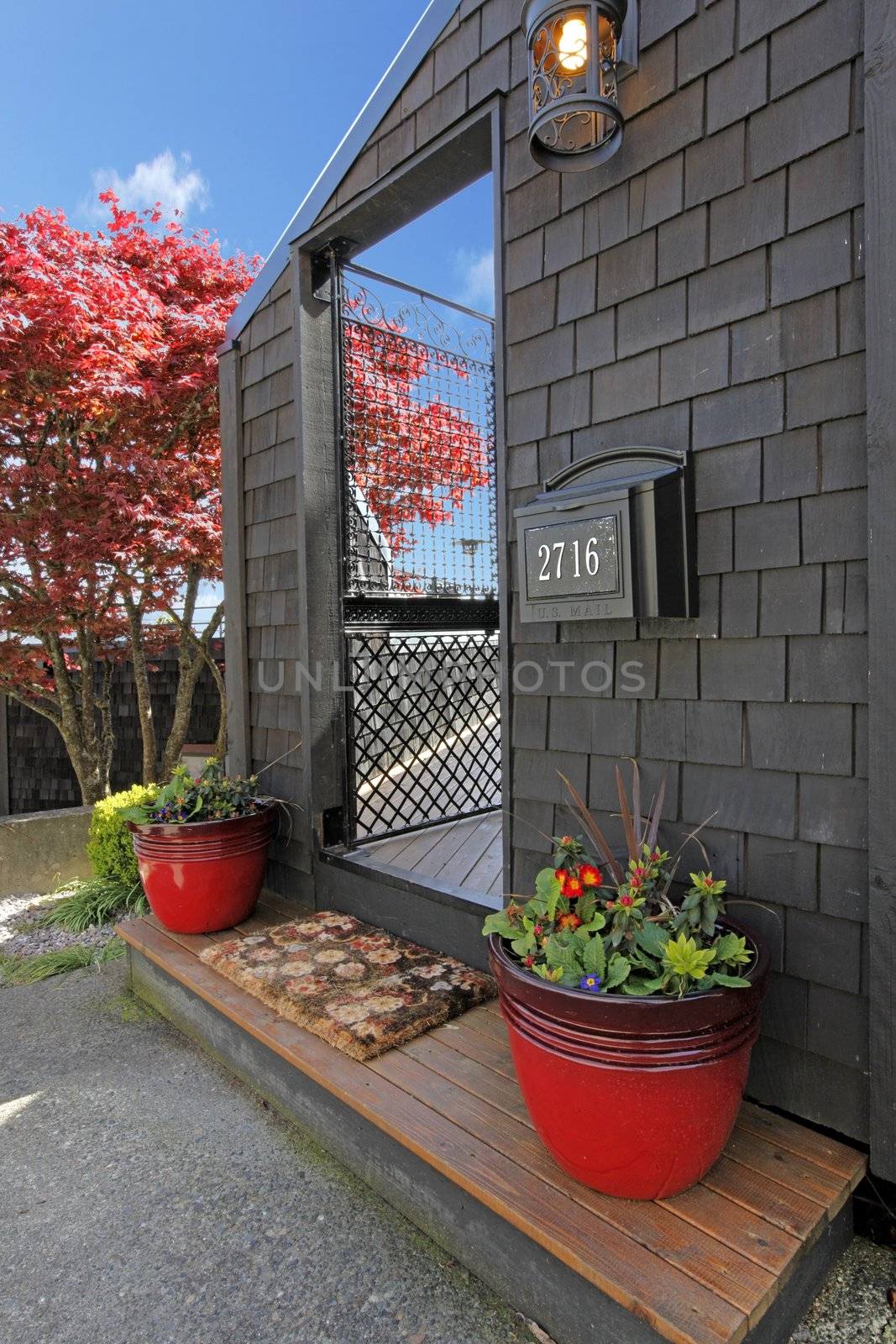 Black wood house with door and red flower pots with japaneas maple.