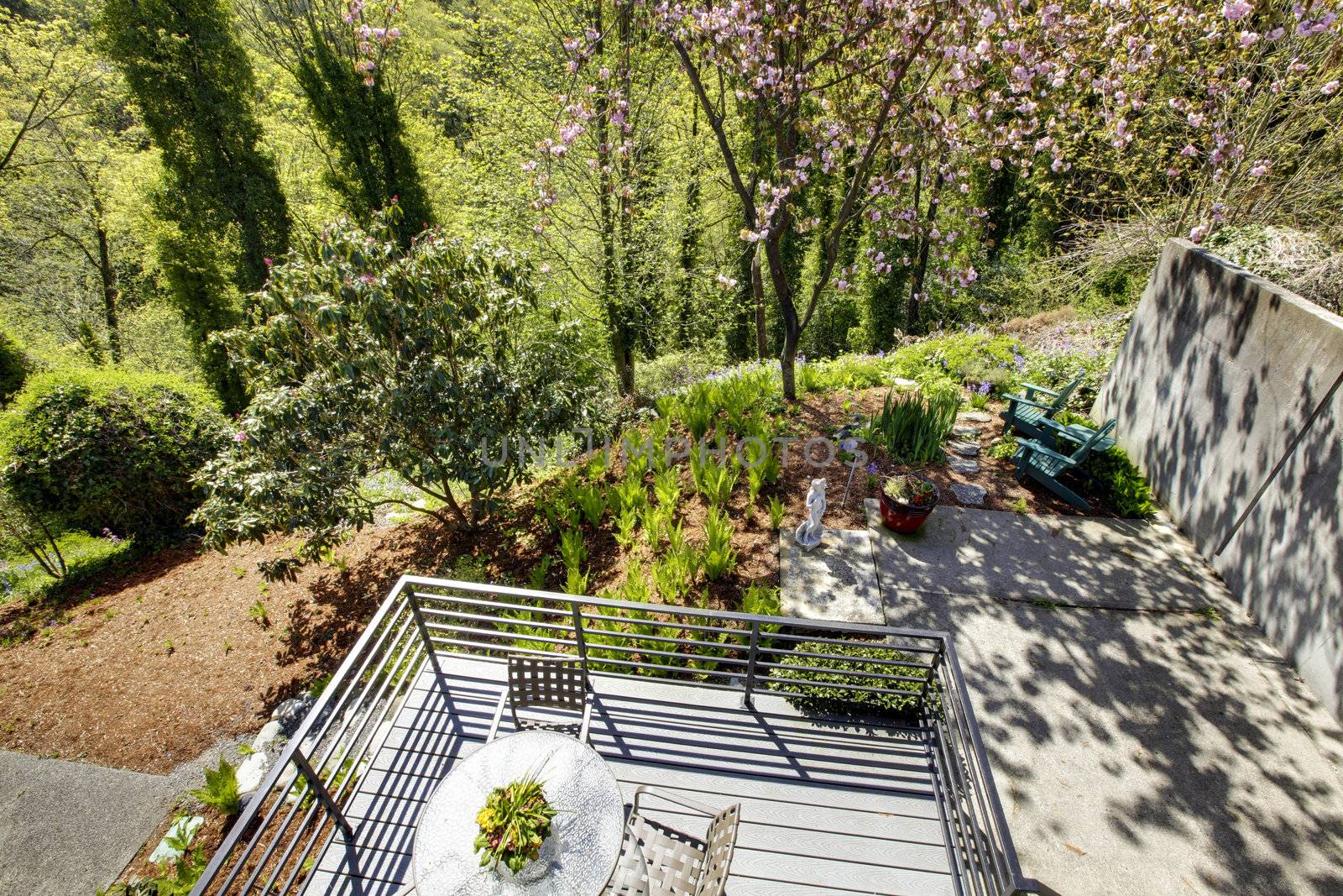 View of the back yard and patio from the balcony of second floor.