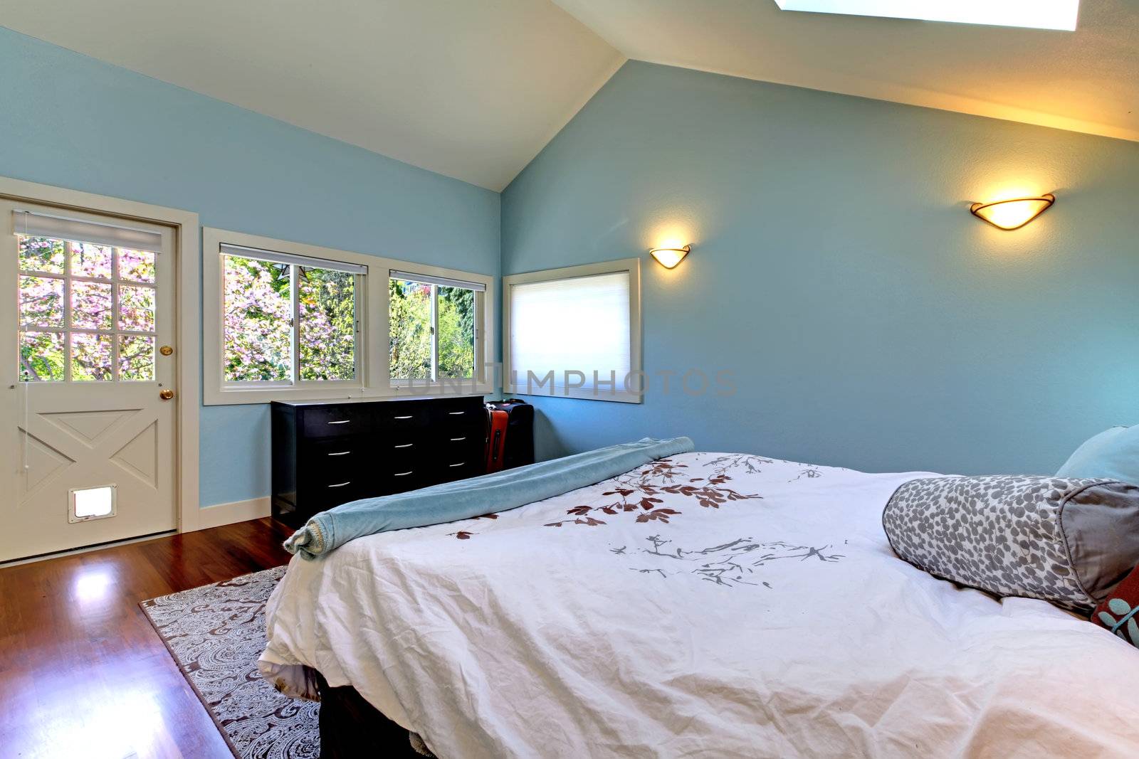 Blue bedroom with bed and skylight and cherry hardwood.