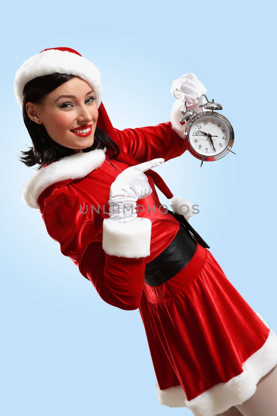 excited girl with santa hat holding clock. illustration