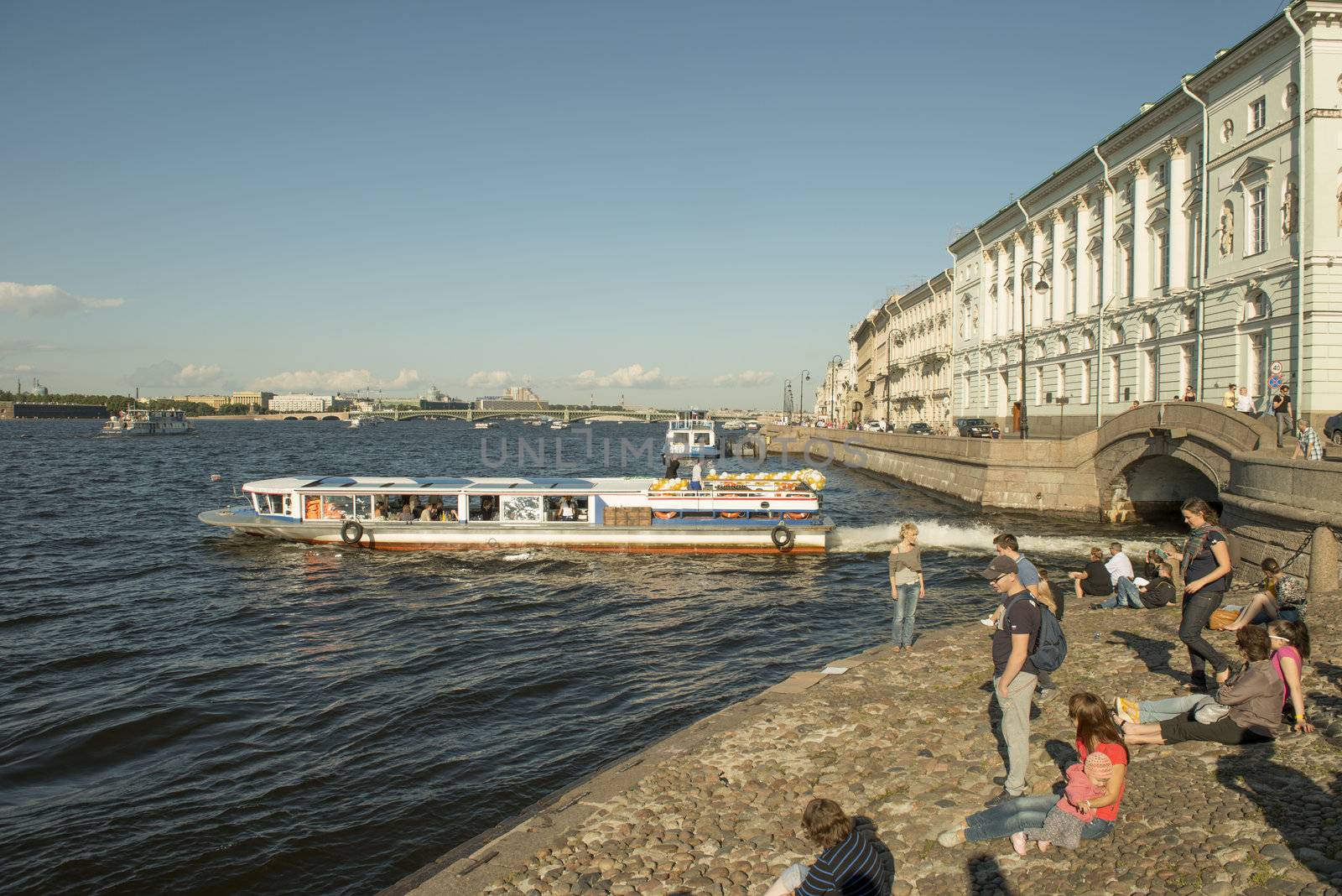 The boats on the Neva river in Sank Petersburg, Russia. Taken on September 2012.