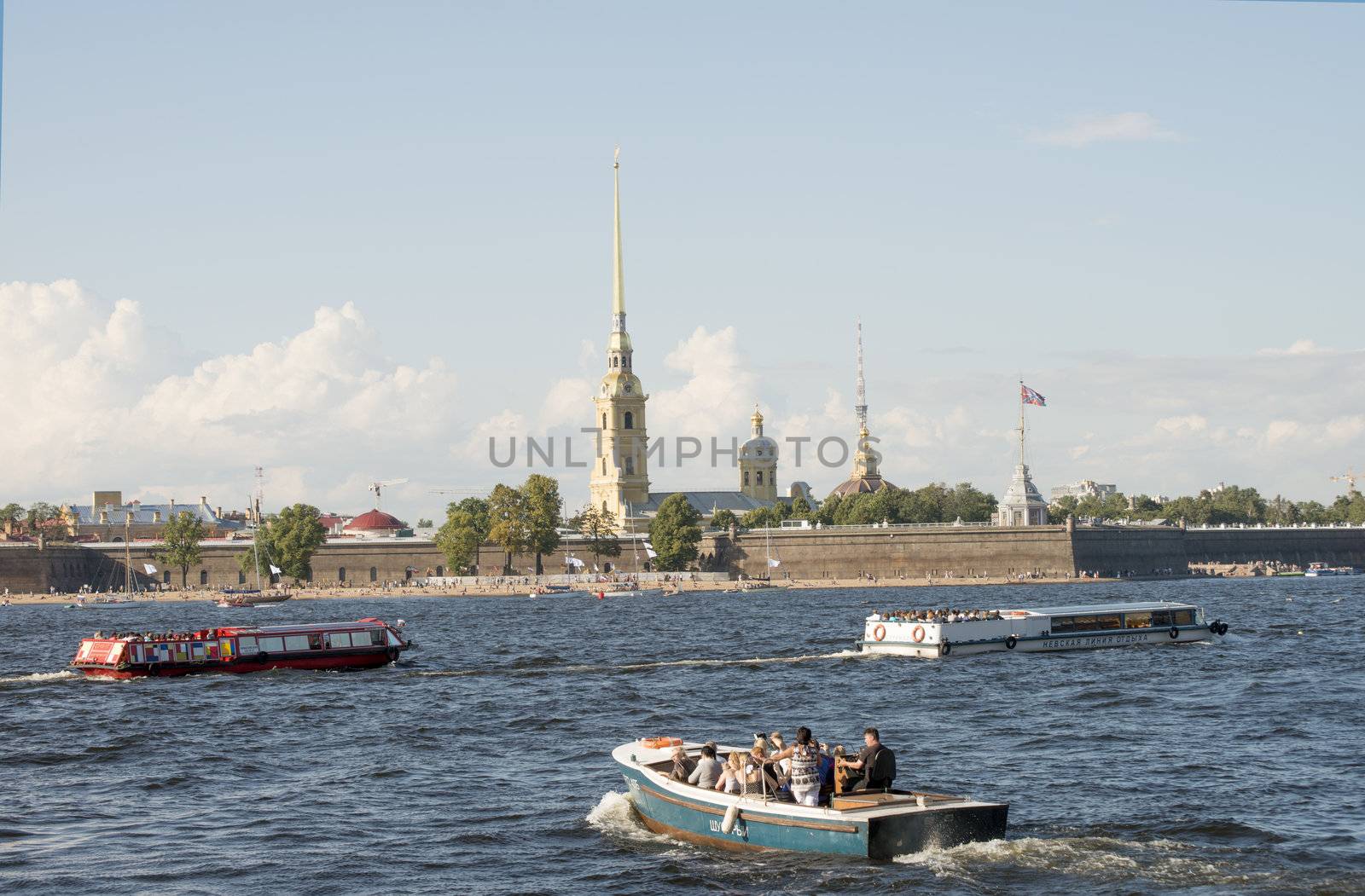 The boats on the Neva river in Sank Petersburg, Russia. Taken on September 2012.