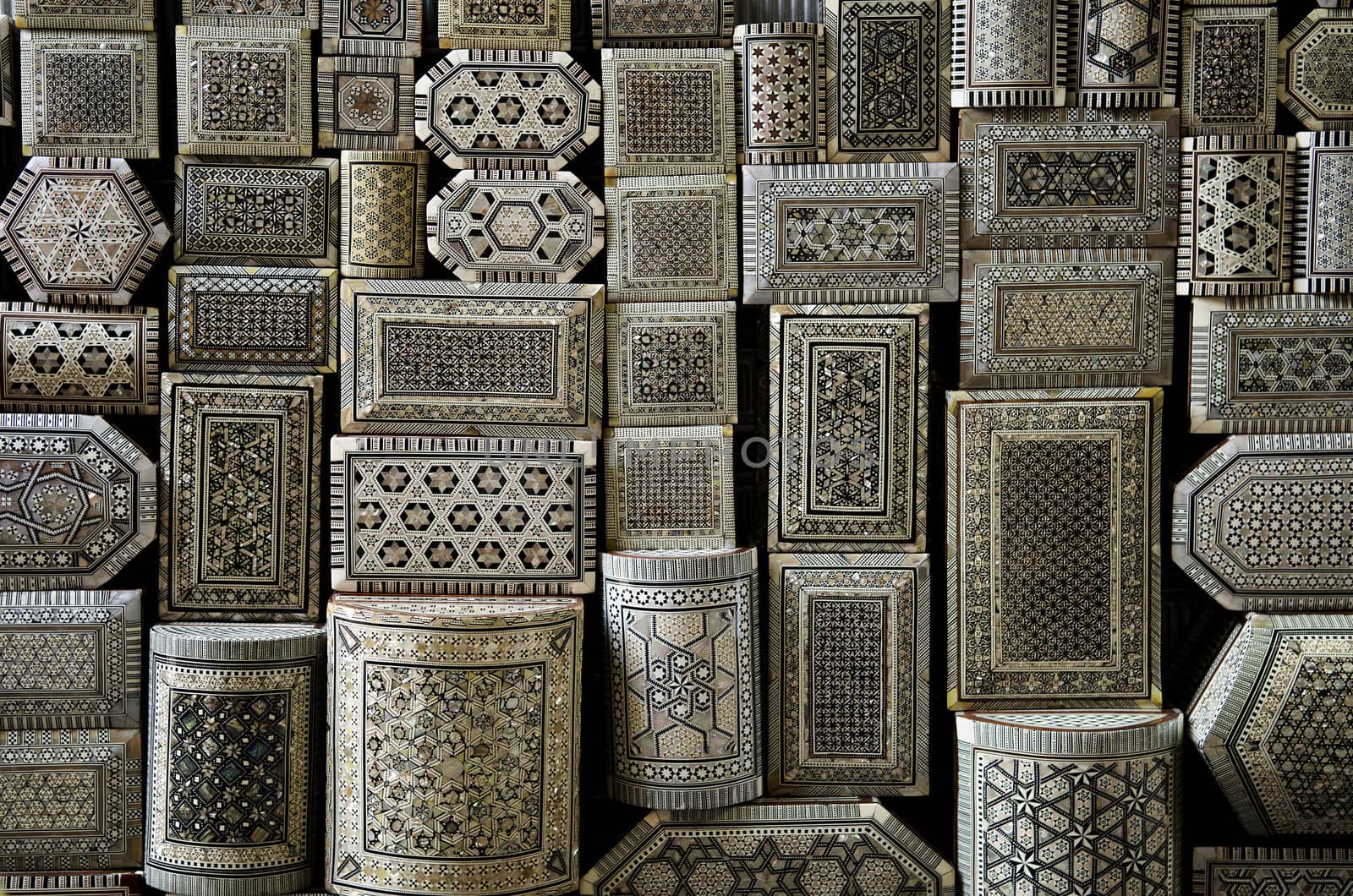 decorated souvenir boxes in cairo egypt souk market