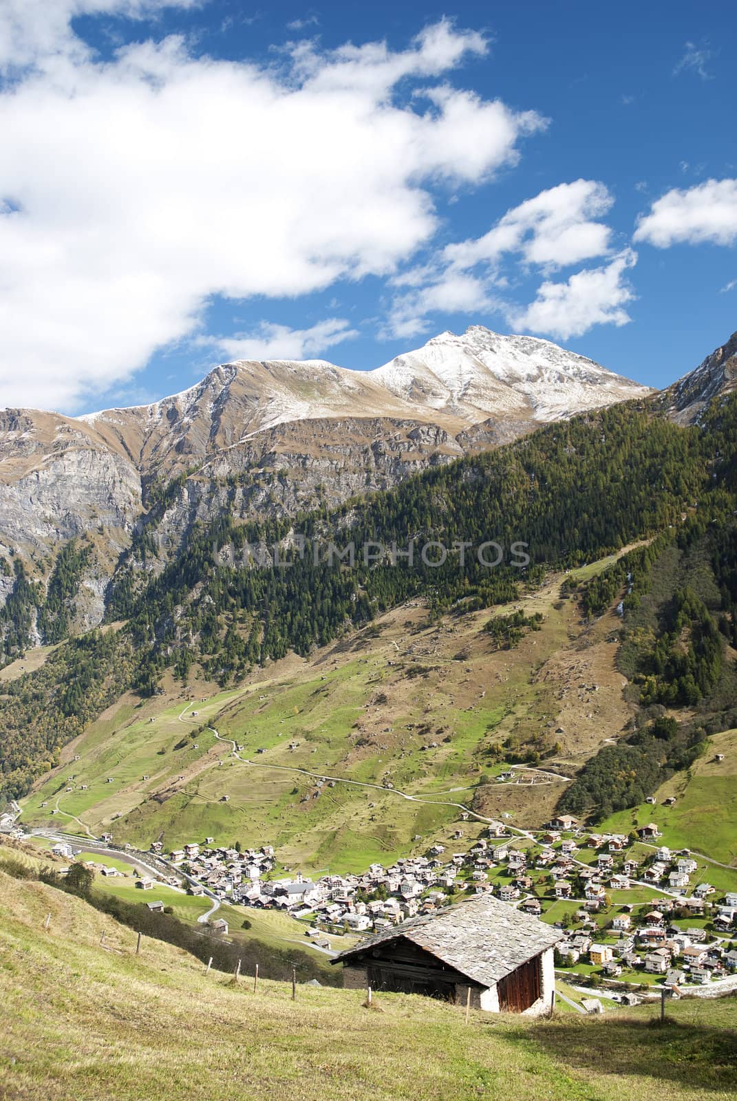 vals village in switzerland alps with alpine mountain landscape